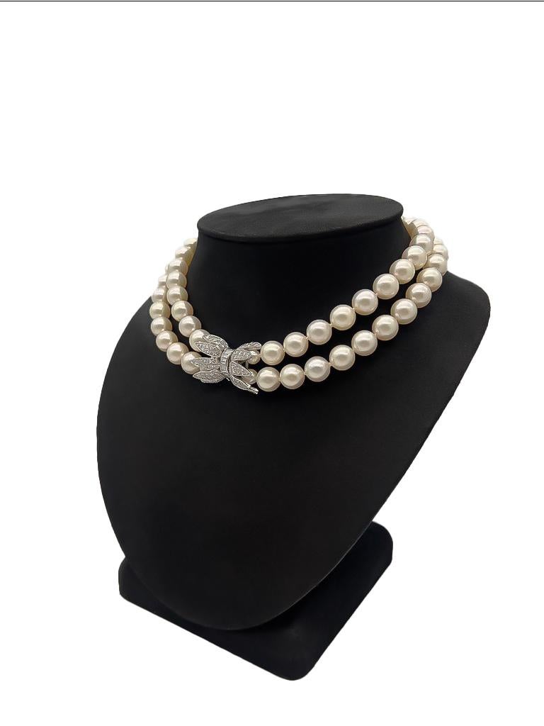 Baguette Cut South Sea Pearl Choker Necklace, 18K White Gold For Sale