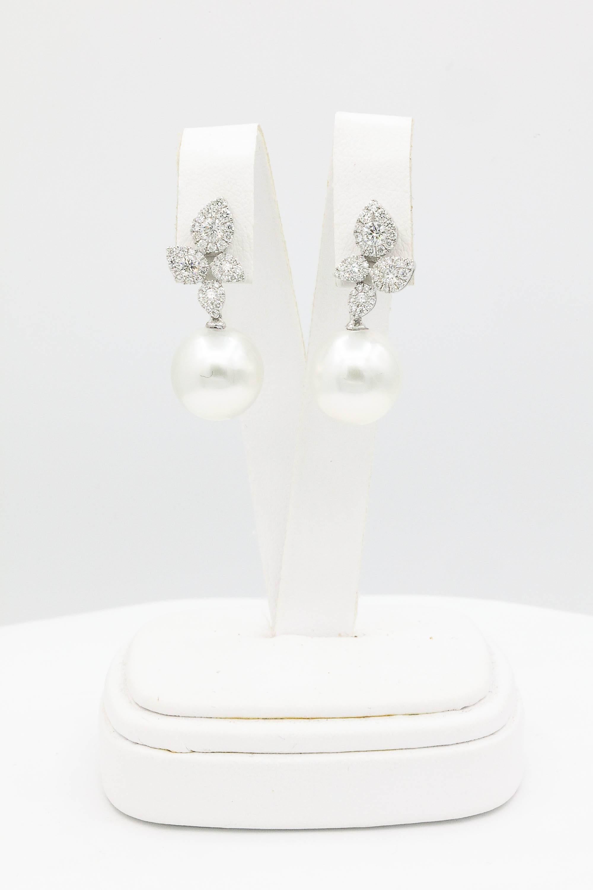 Contemporary South Sea Pearl Cluster Leaf Dangle Drop Diamond Earrings