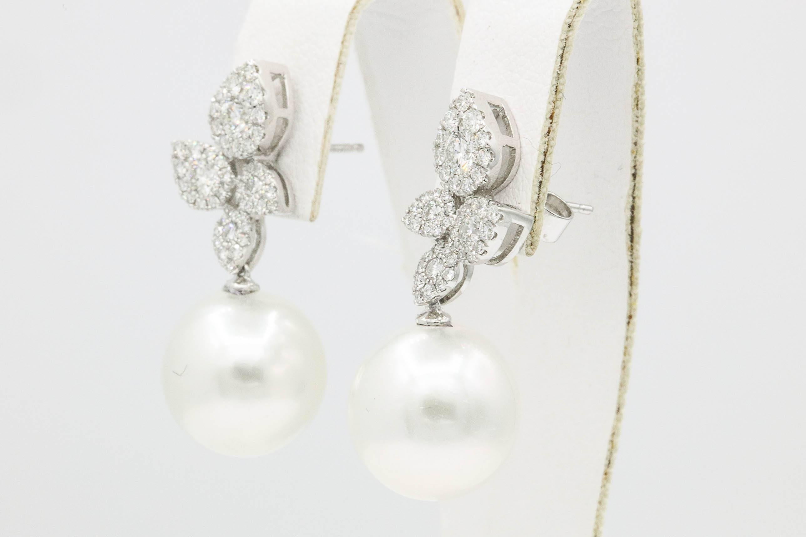 Round Cut South Sea Pearl Cluster Leaf Dangle Drop Diamond Earrings