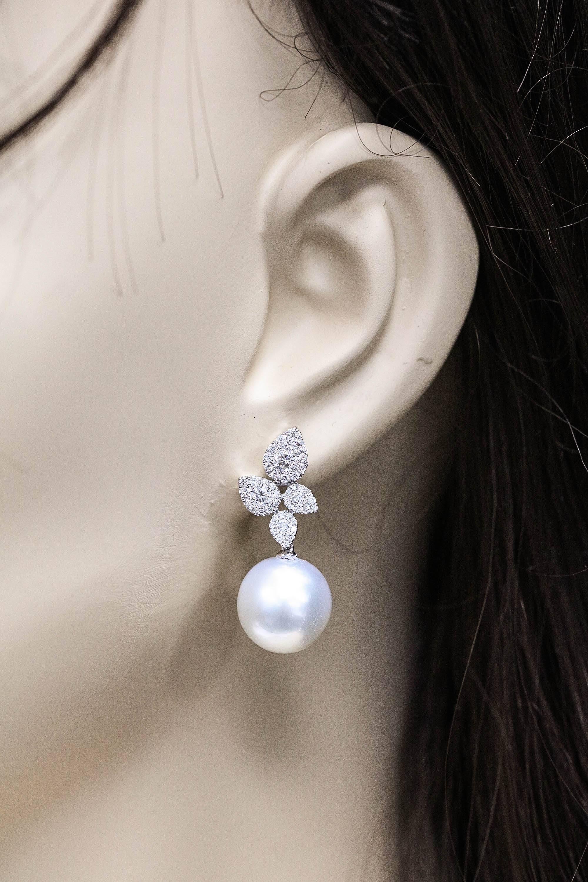 South Sea Pearl Cluster Leaf Dangle Drop Diamond Earrings 1