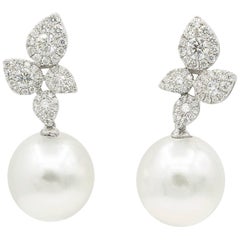South Sea Pearl Cluster Leaf Dangle Drop Diamond Earrings