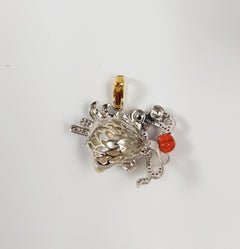South Sea Pearl, Coral, Brown Diamond Dragon Pendant in 18K White Gold Settings