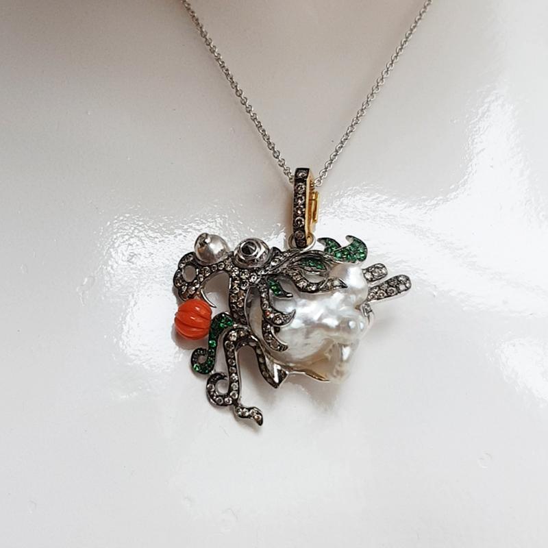 South Sea Pearl, Coral, Brown Diamond Dragon Pendant in 18K White Gold Settings For Sale 1