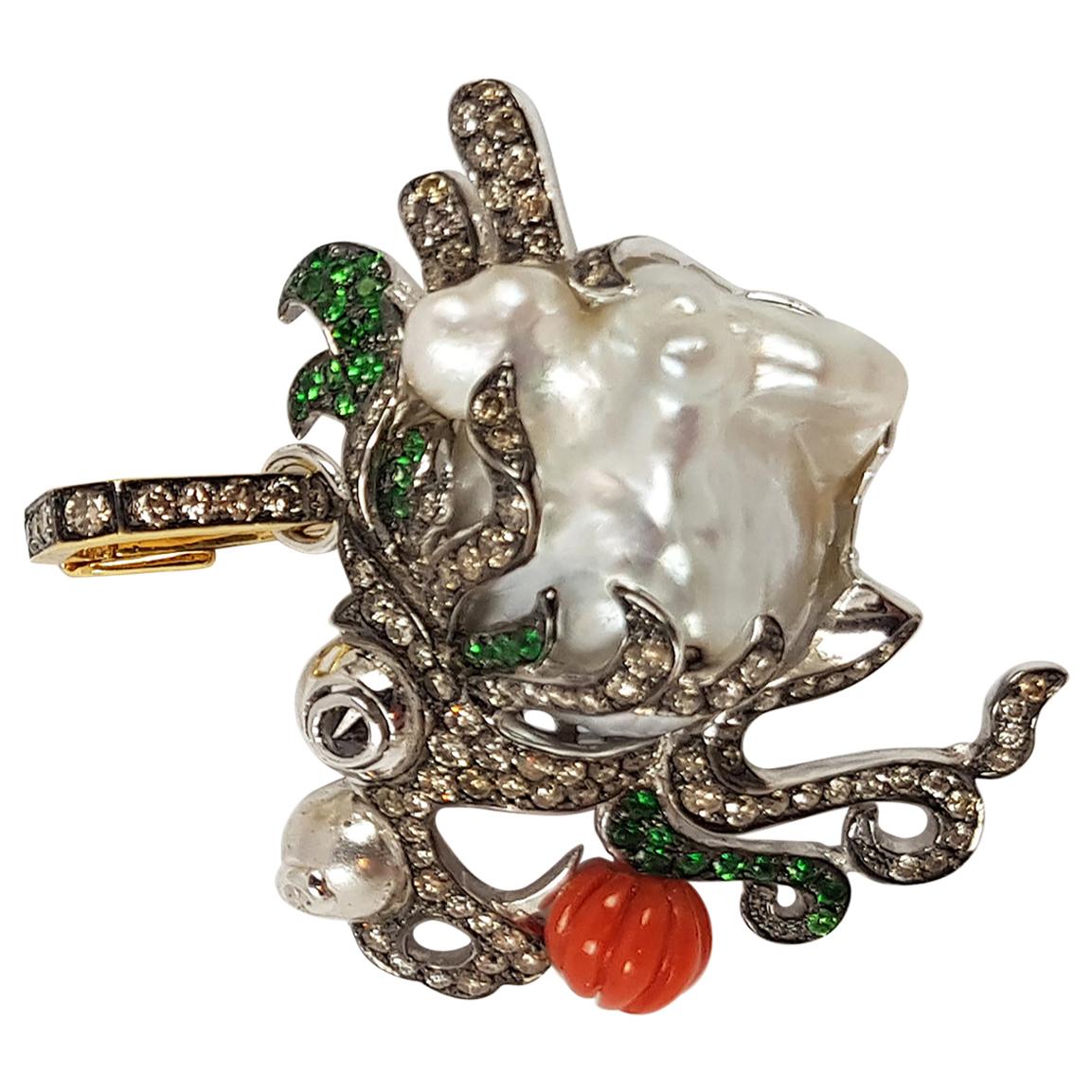 South Sea Pearl, Coral, Brown Diamond Dragon Pendant in 18K White Gold Settings