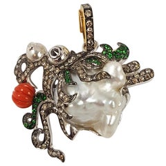 South Sea Pearl, Coral, Brown Diamond Dragon Pendant in 18K White Gold Settings