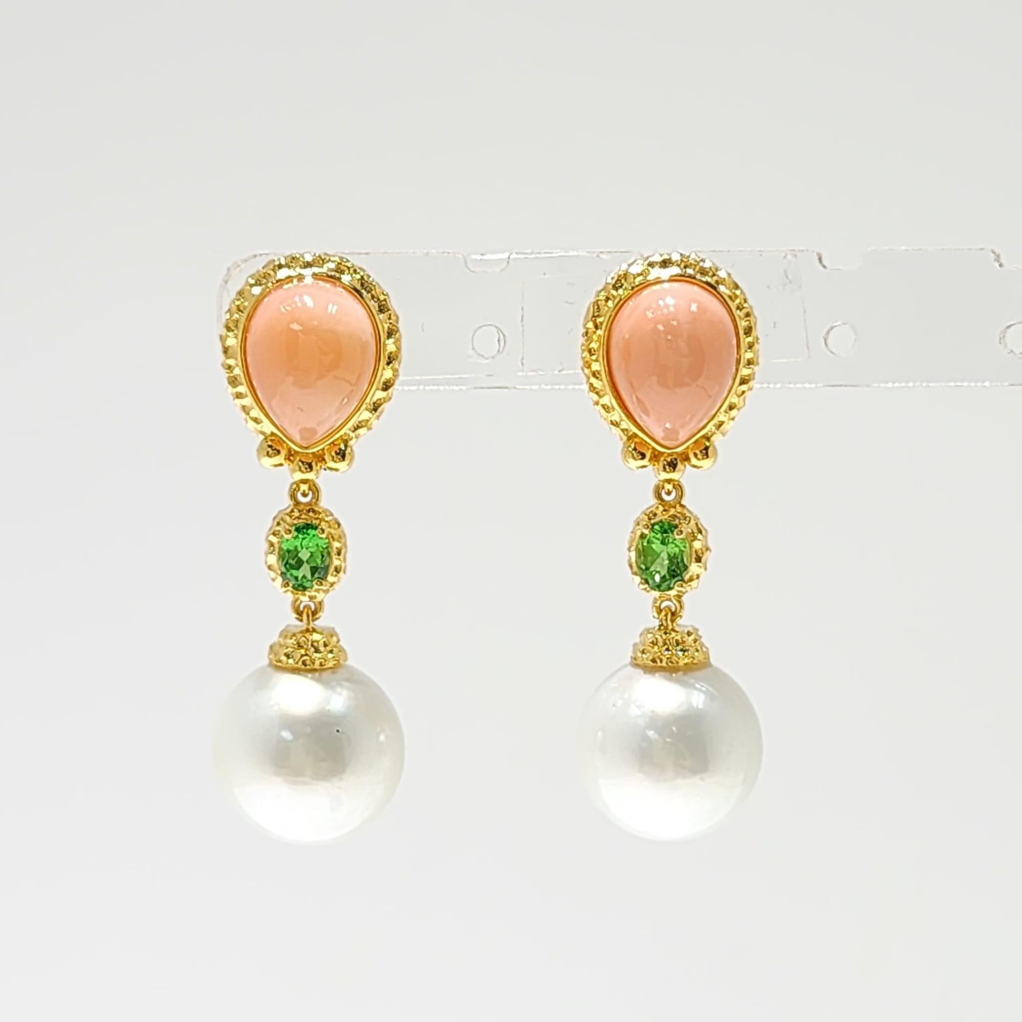 Women's South Sea Pearl Coral Drop Earrings in 18K Gold Vermeil Sterling Silver For Sale