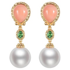 Vintage South Sea Pearl Coral Drop Earrings in 18K Gold Vermeil Sterling Silver