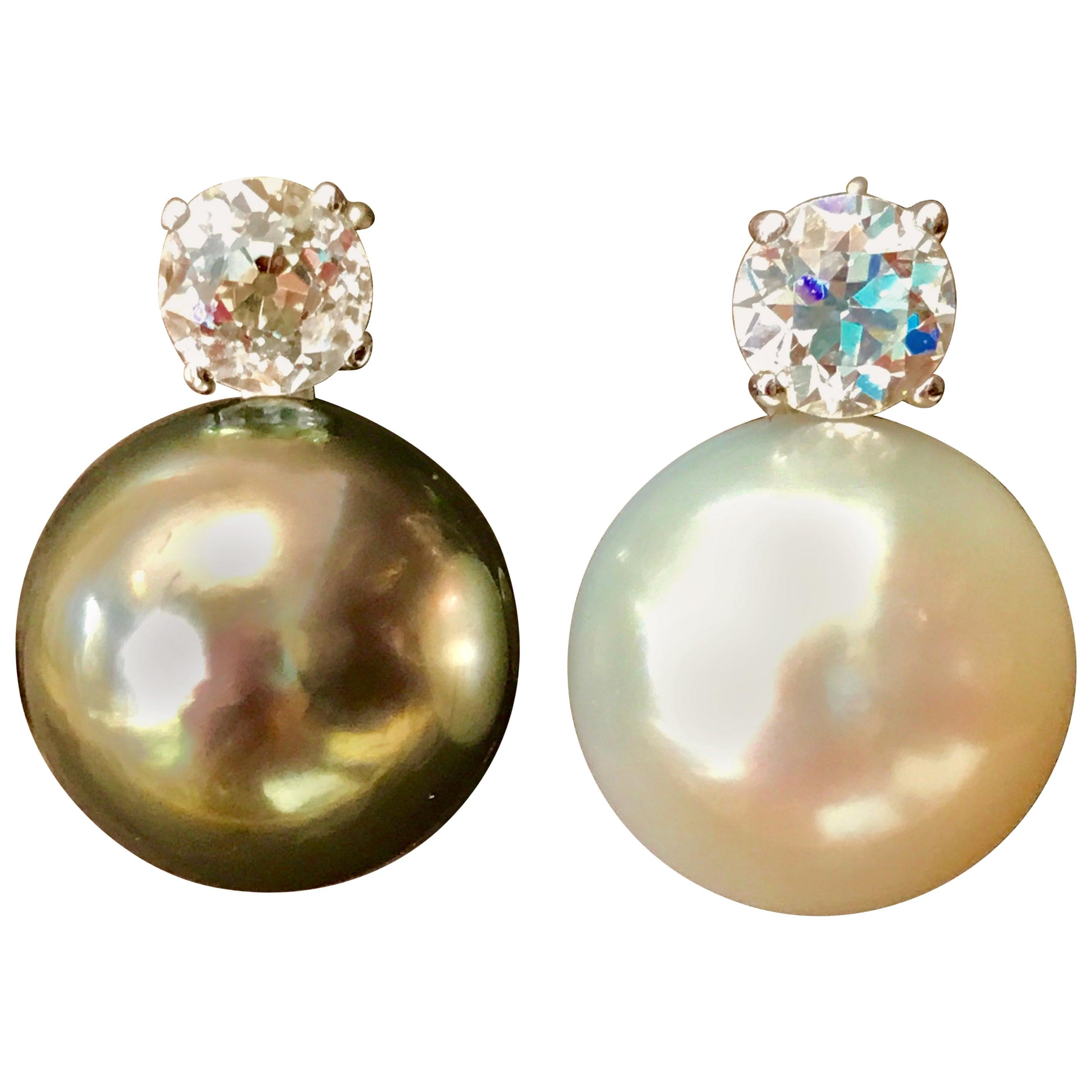 South Sea Pearl Day and Night Solitaire Diamond Cocktail Stud Earrings 18K Gold