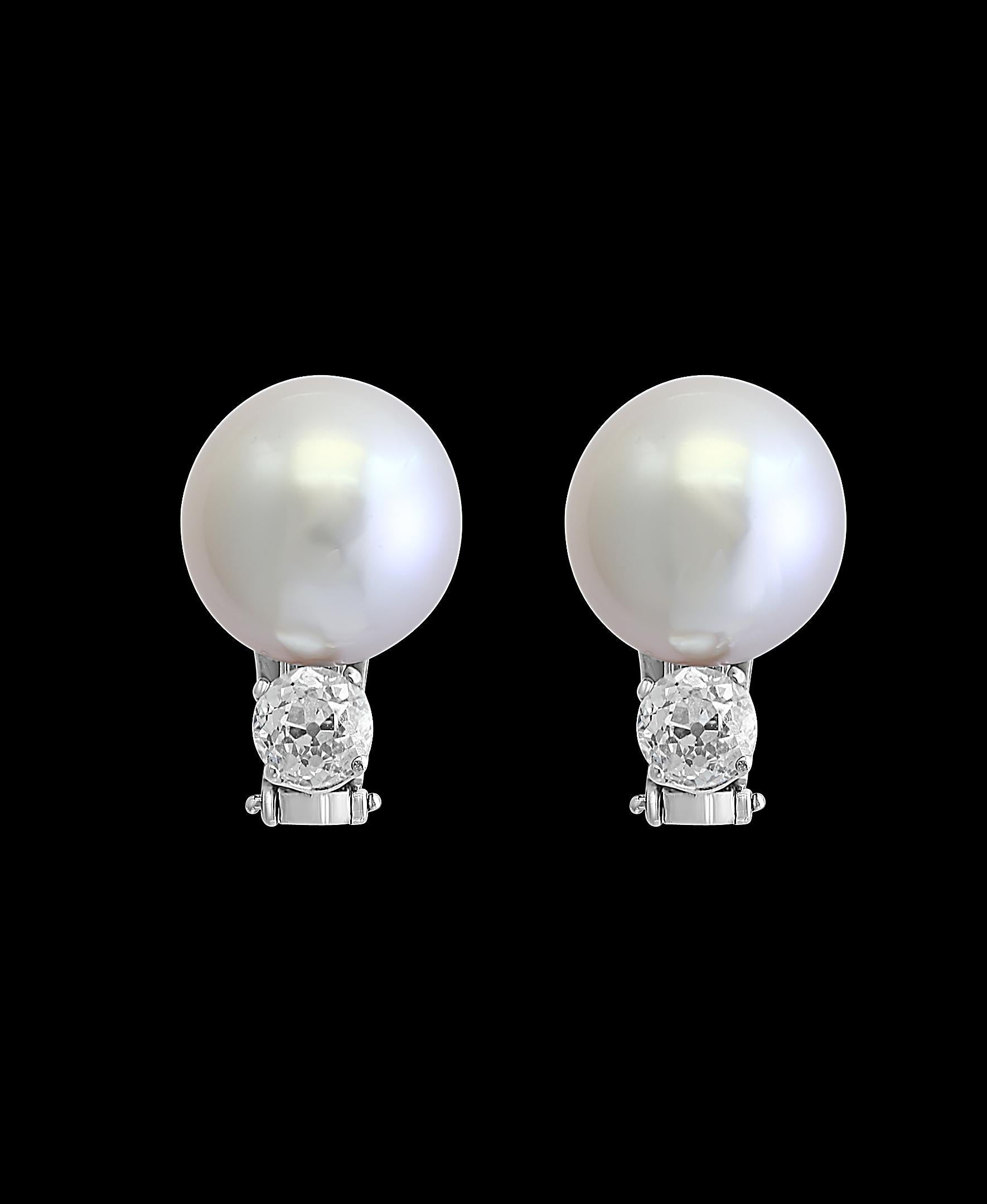 Women's South Sea Pearl Day and Night Solitaire Diamond Cocktail Stud Earrings 18K Gold