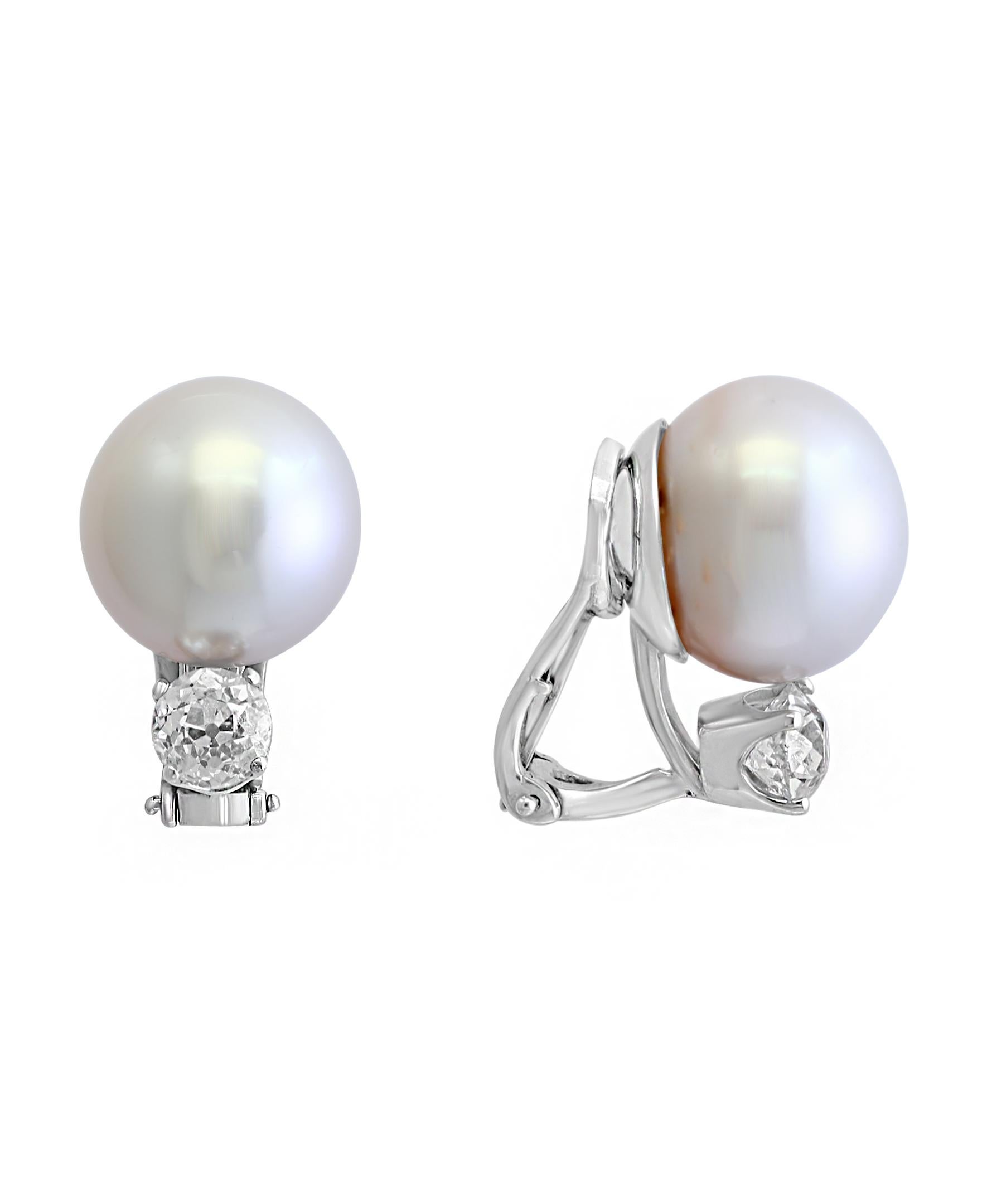 South Sea Pearl Day and Night Solitaire Diamond Cocktail Stud Earrings 18K Gold 1
