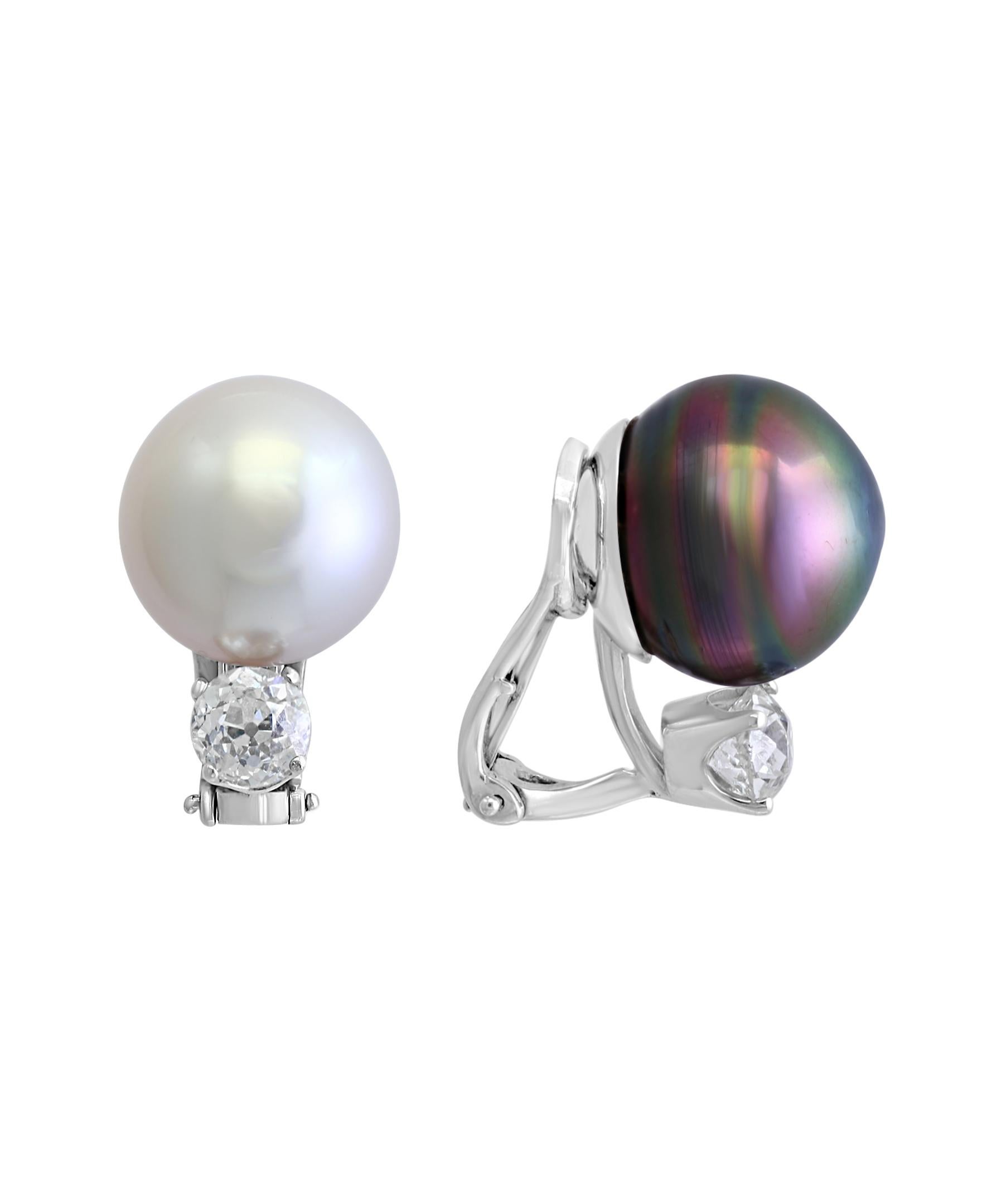 South Sea Pearl Day and Night Solitaire Diamond Cocktail Stud Earrings 18K Gold 3