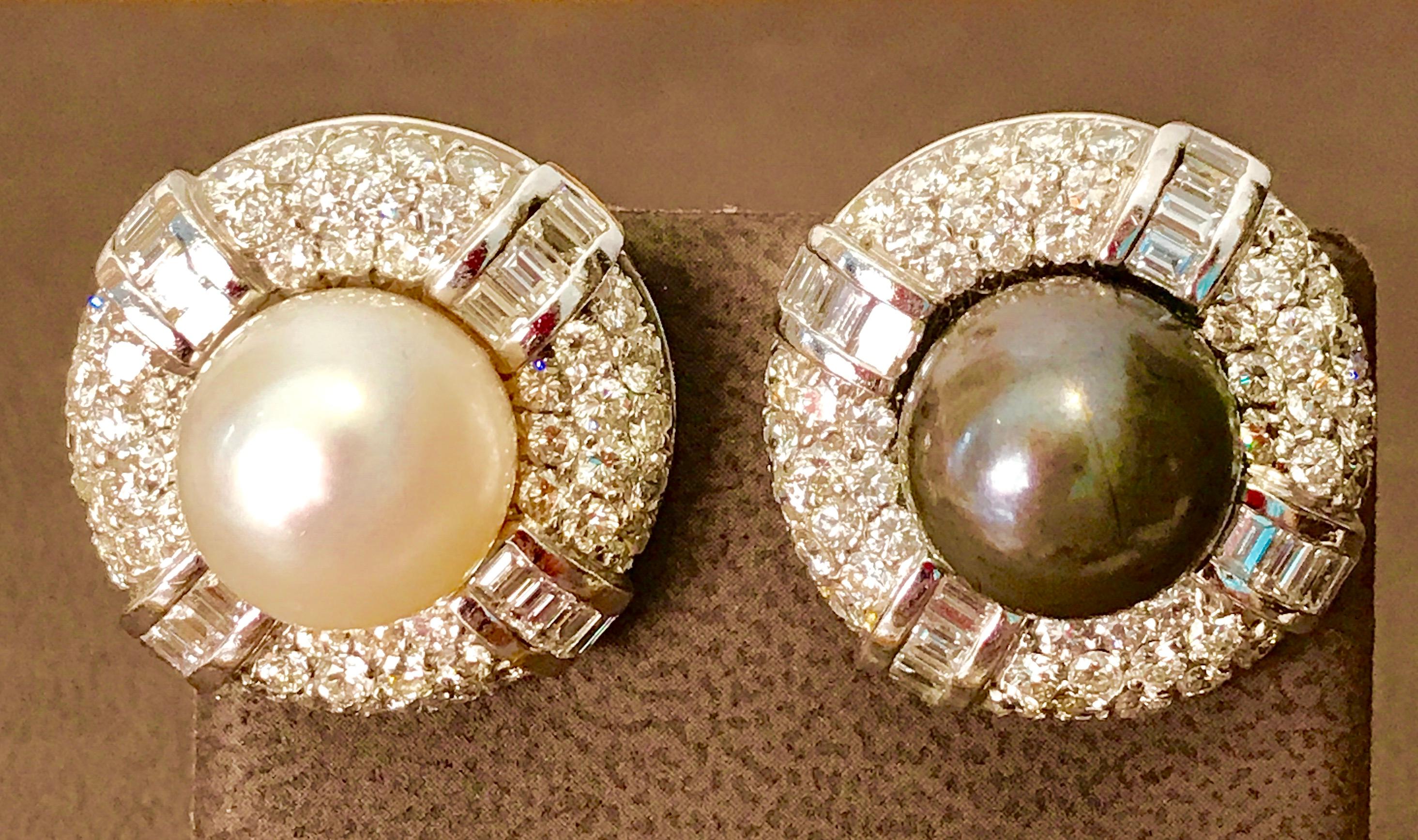 Round Cut South Sea Pearl Day & Night with 12 Carat Diamond Cocktail Earrings 18 K Gold For Sale