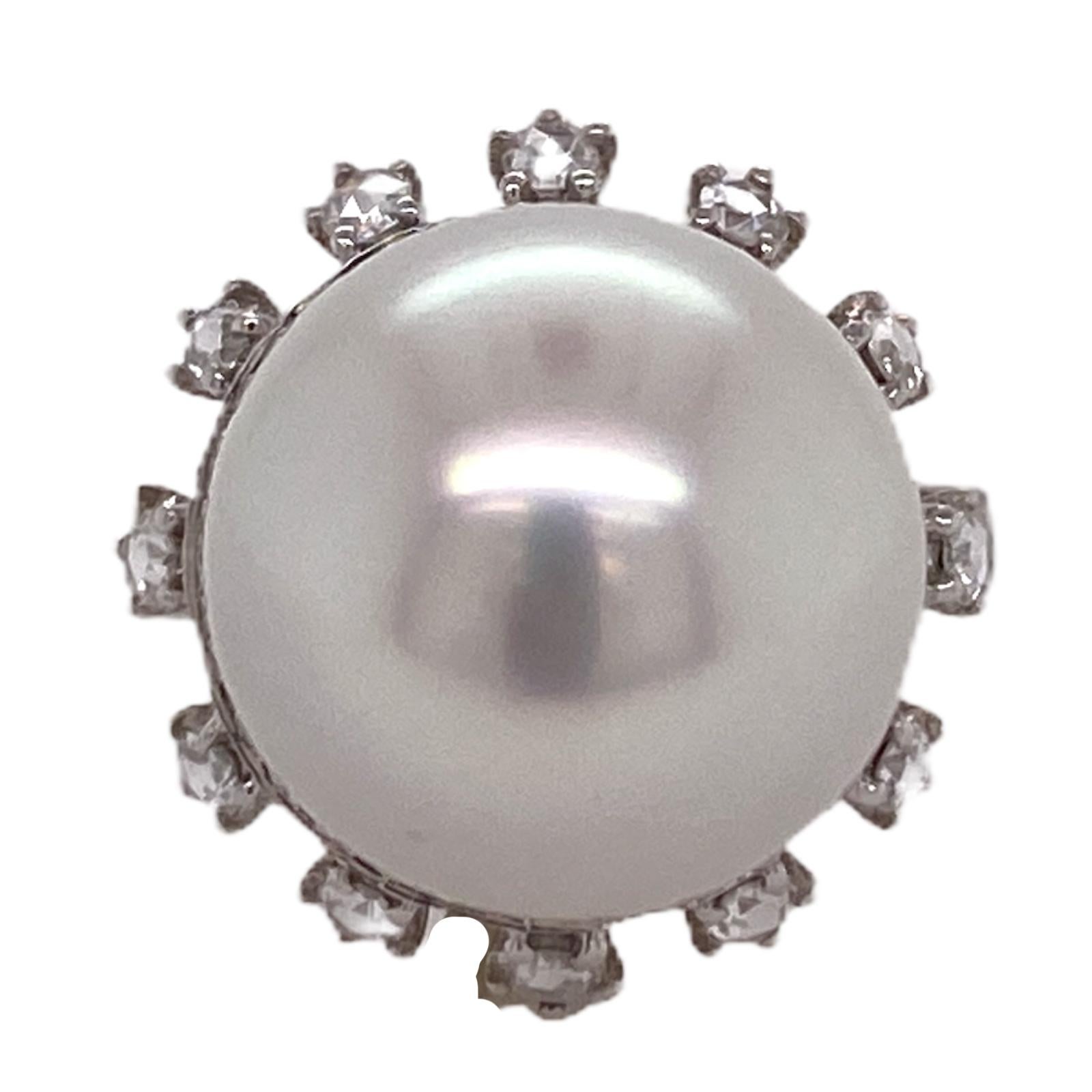 Round Cut South Sea Pearl Diamond 18 Karat White Gold Cocktail Ring For Sale