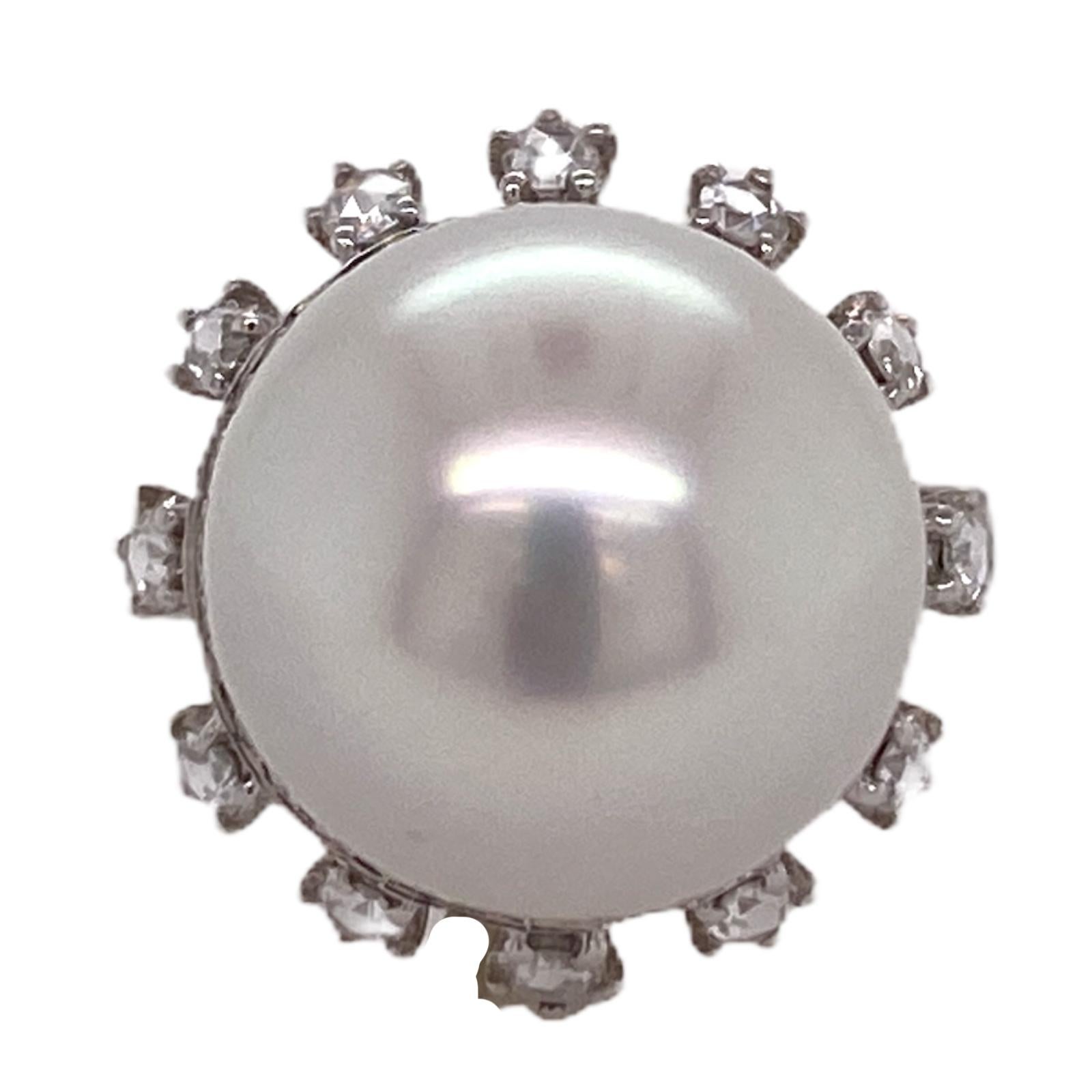 Round Cut South Sea Pearl Diamond 18 Karat White Gold Cocktail Ring
