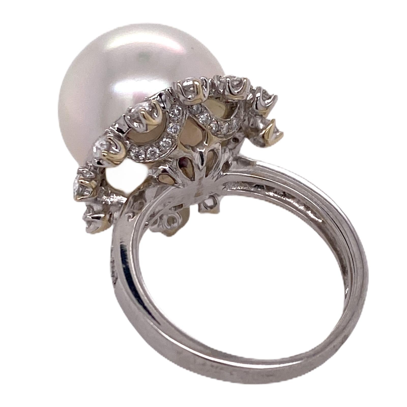 Women's South Sea Pearl Diamond 18 Karat White Gold Cocktail Ring For Sale