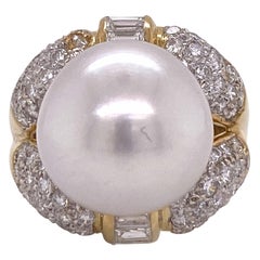 South Sea Pearl Diamond 18 Karat Yellow Gold Estate Cocktail Ring