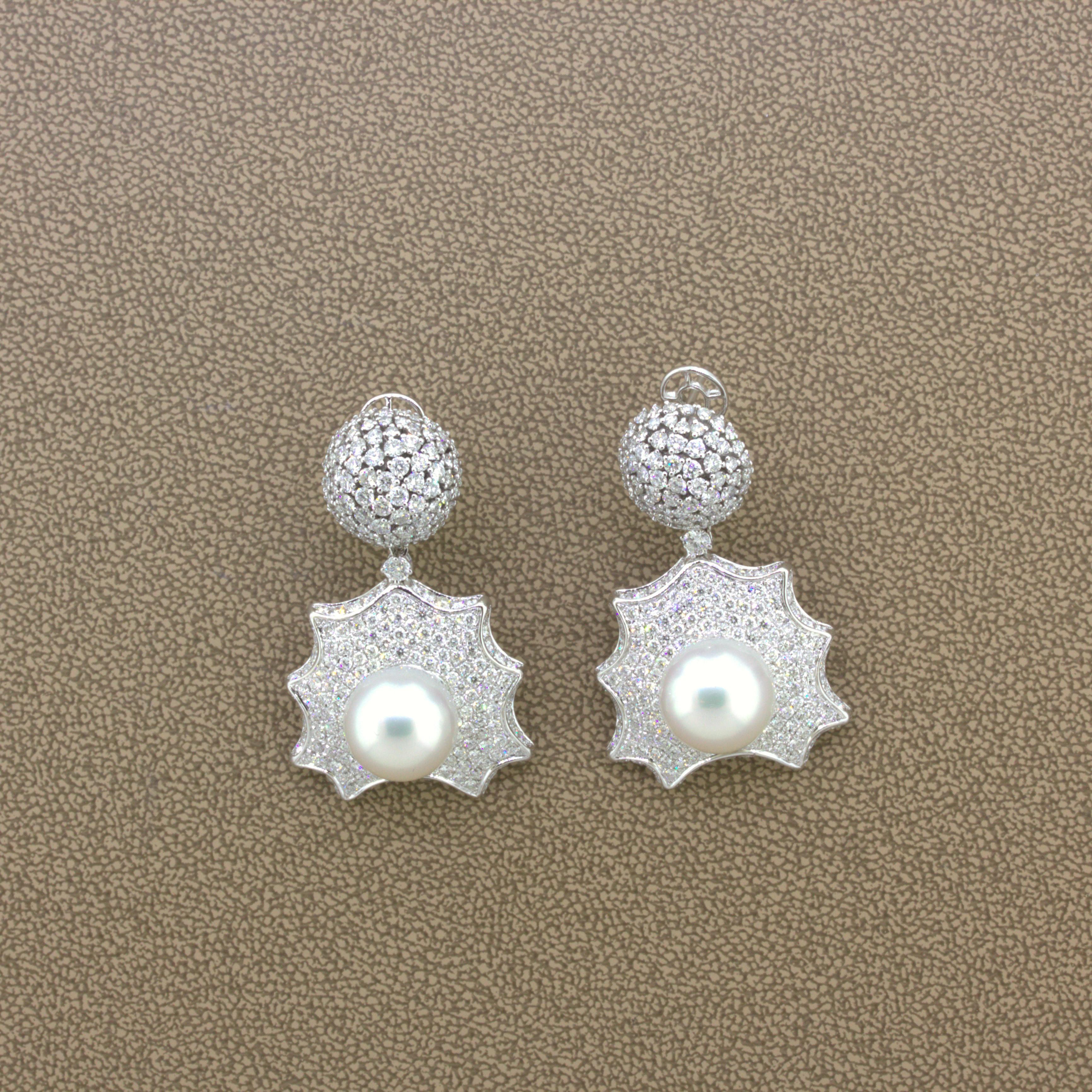 Round Cut South Sea Pearl Diamond 18karat White Gold Drop Dangle Earrings For Sale