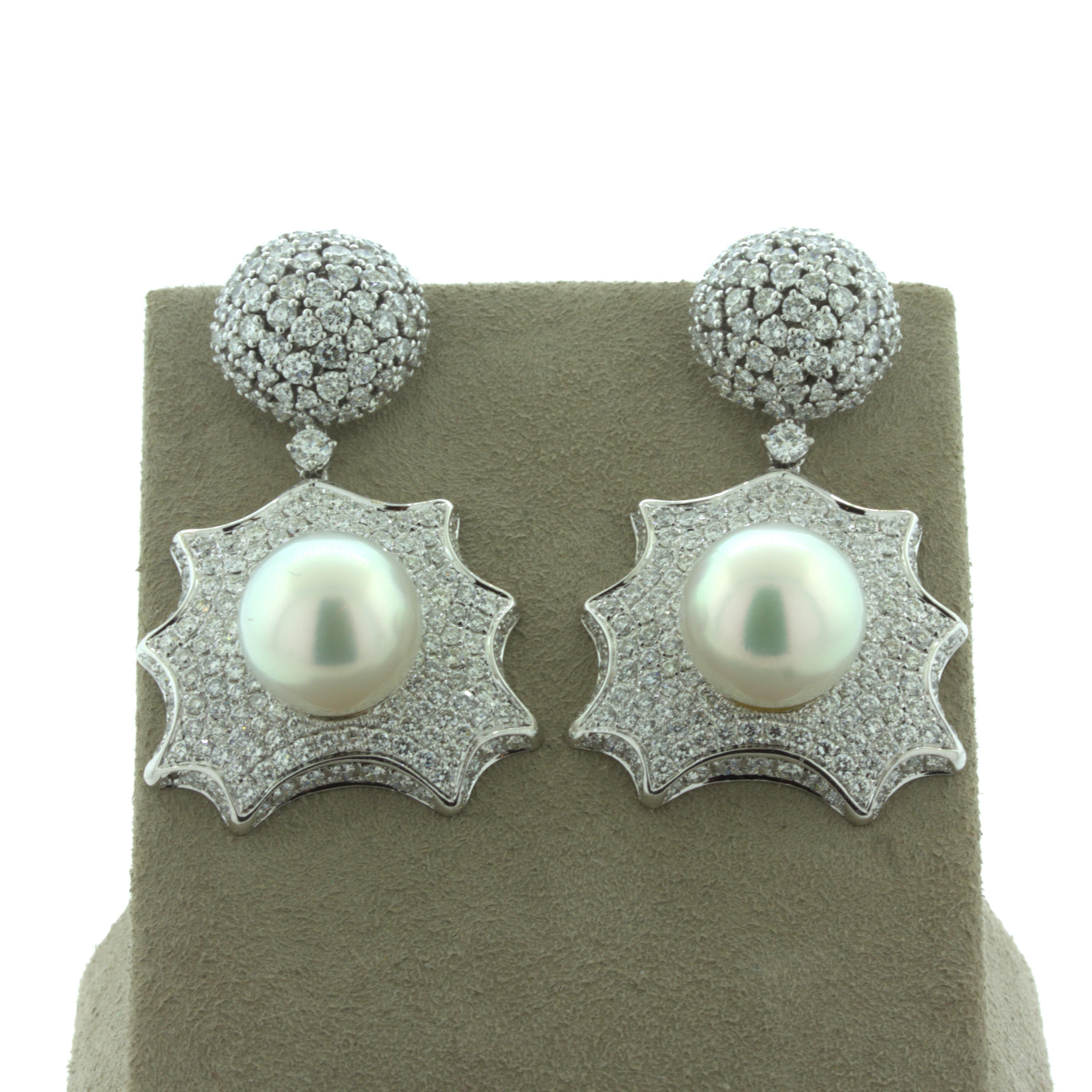 Women's South Sea Pearl Diamond 18karat White Gold Drop Dangle Earrings For Sale