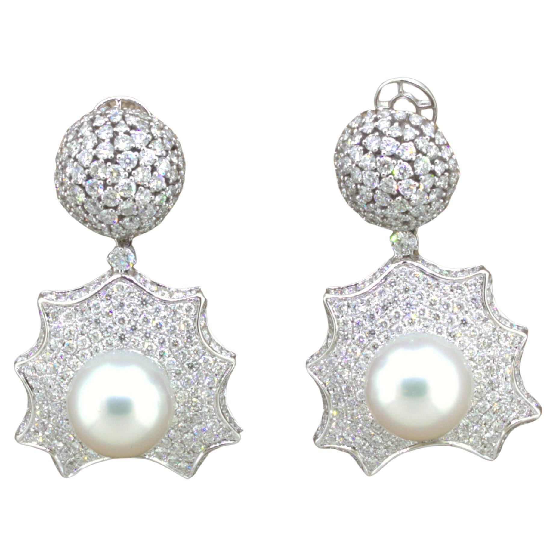 South Sea Pearl Diamond 18karat White Gold Drop Dangle Earrings For Sale