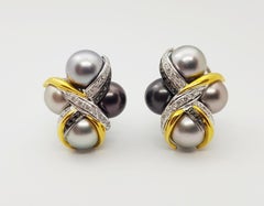 South Sea Pearl, Diamond and Black Diamond Earrings Set in 18 Karat White Gold
