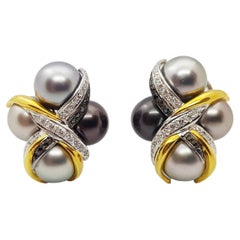 South Sea Pearl, Diamond and Black Diamond Earrings Set in 18 Karat White Gold