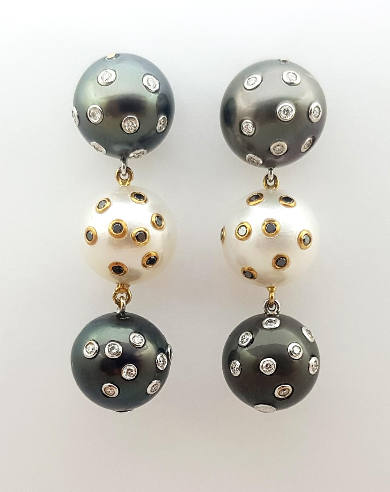 Contemporary South Sea Pearl, Diamond and Black Diamond Earrings Set in 18k Gold Settings For Sale