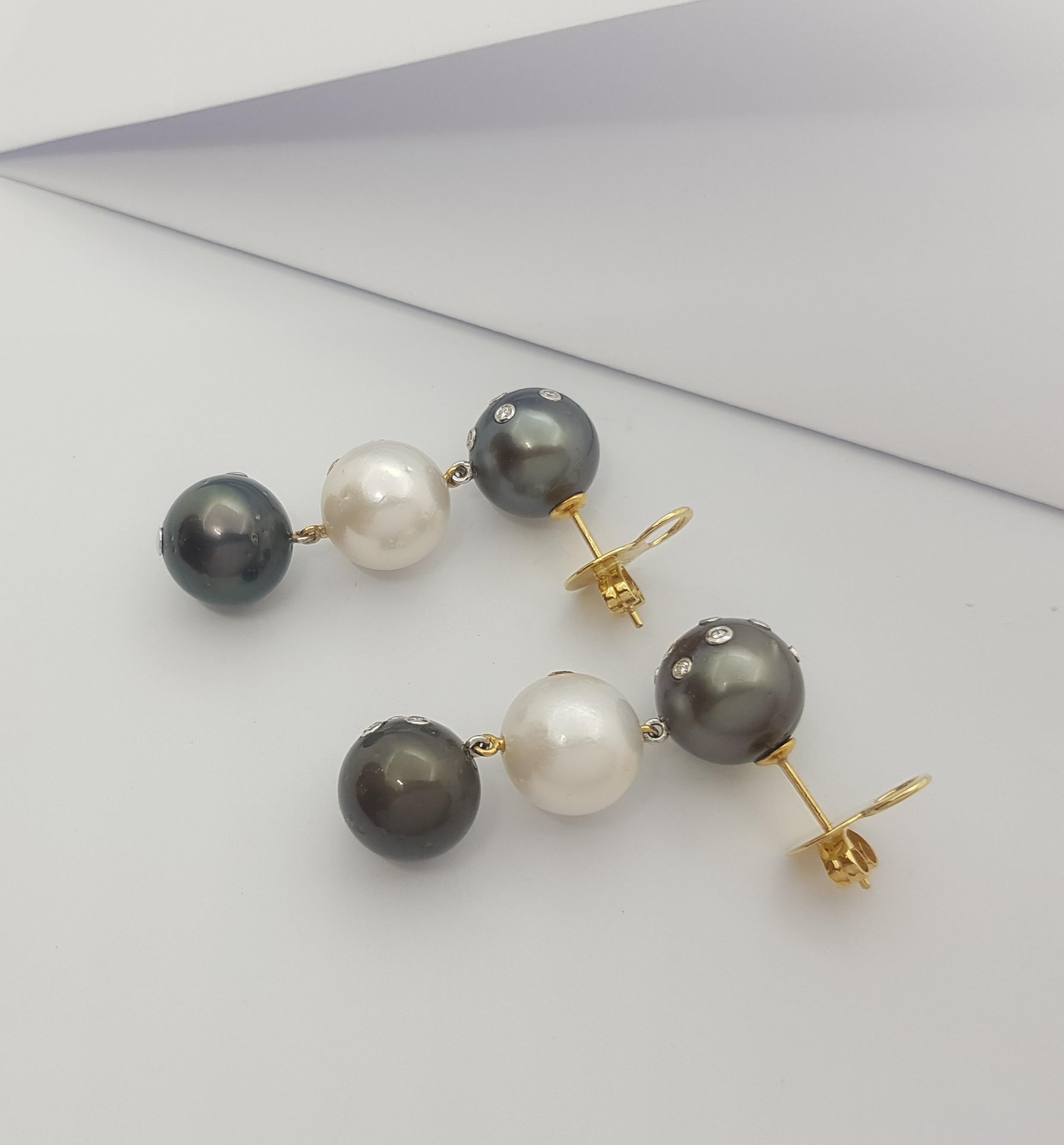 South Sea Pearl, Diamond and Black Diamond Earrings Set in 18k Gold Settings For Sale 2