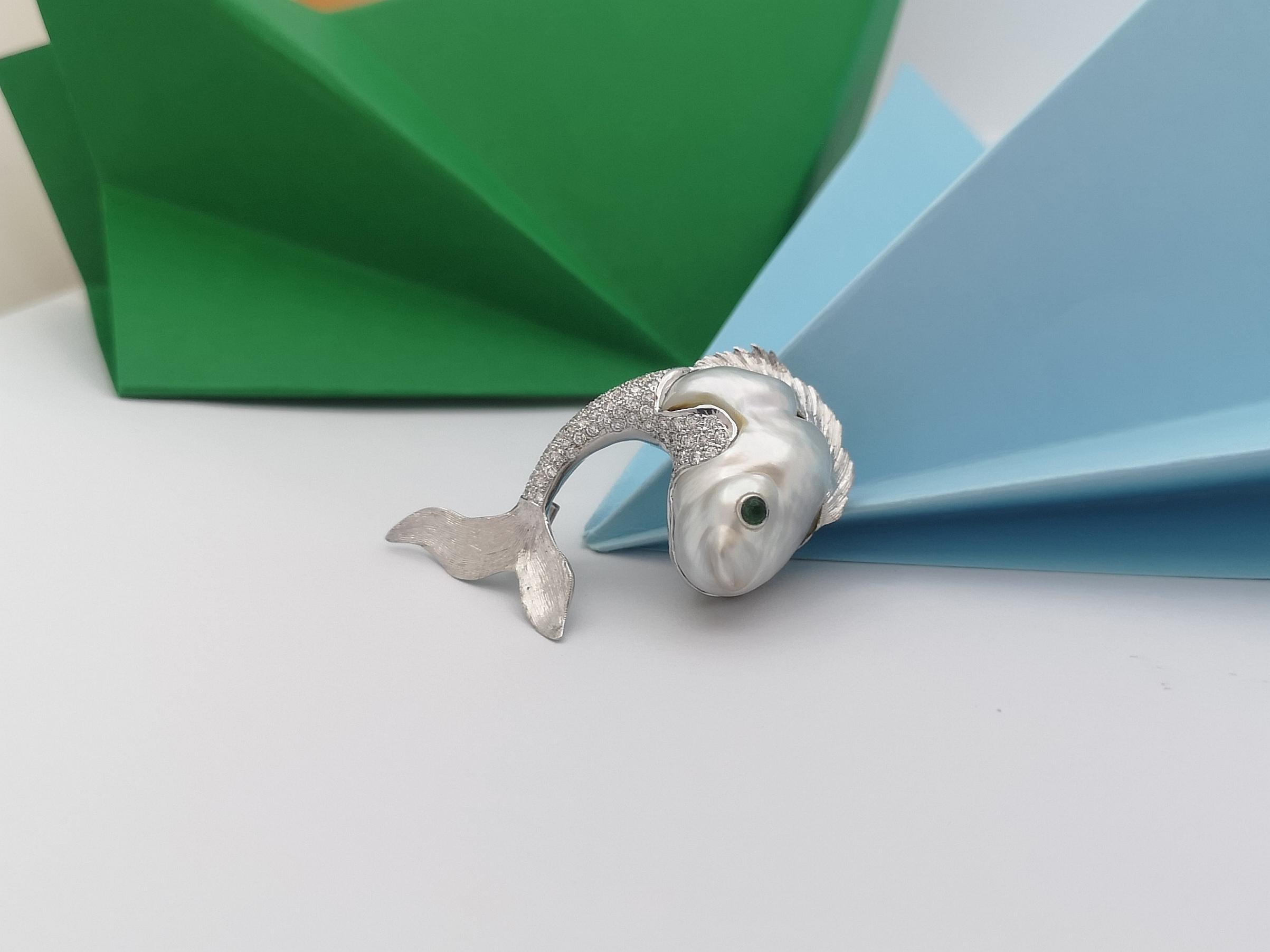 South Sea Pearl, Diamond and Emerald Fish Brooch Set in 18k White Gold Settings 1
