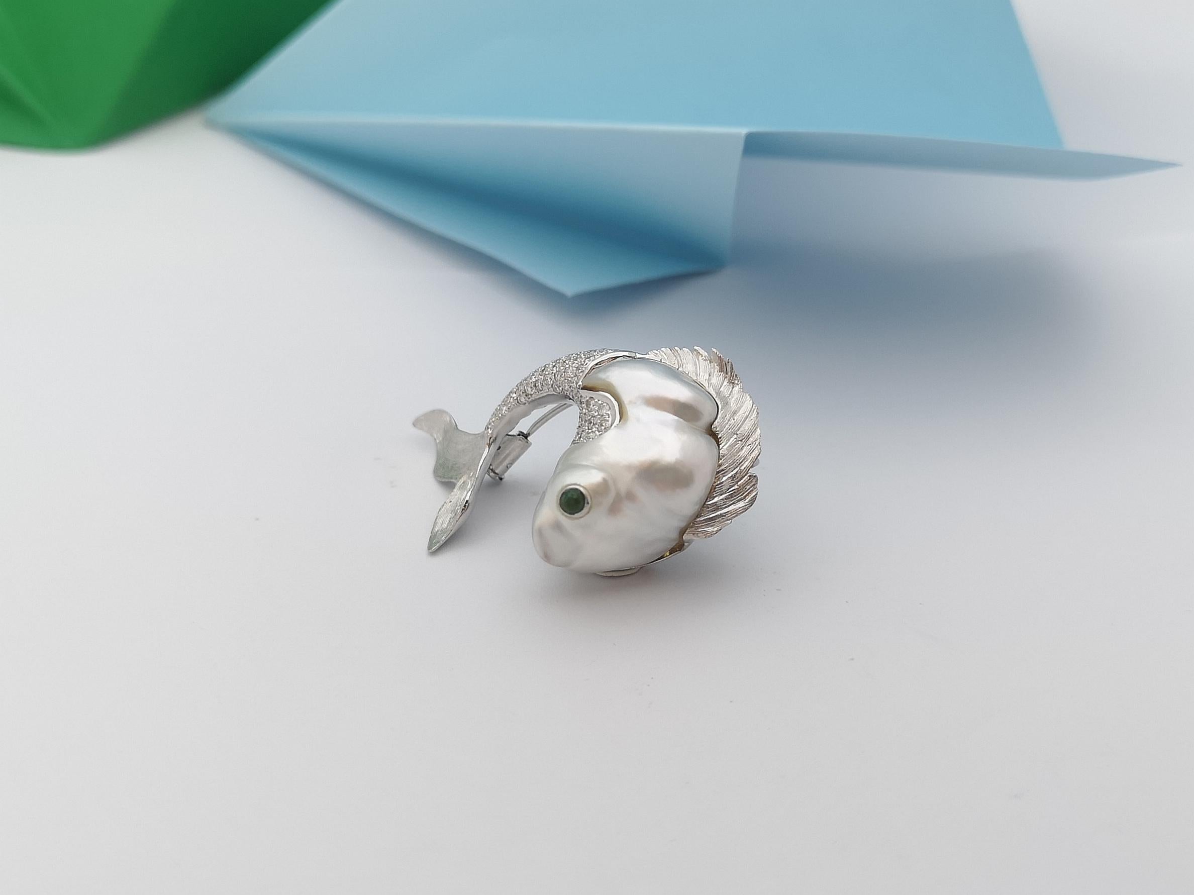 Mixed Cut South Sea Pearl, Diamond and Emerald Fish Brooch Set in 18k White Gold Settings For Sale