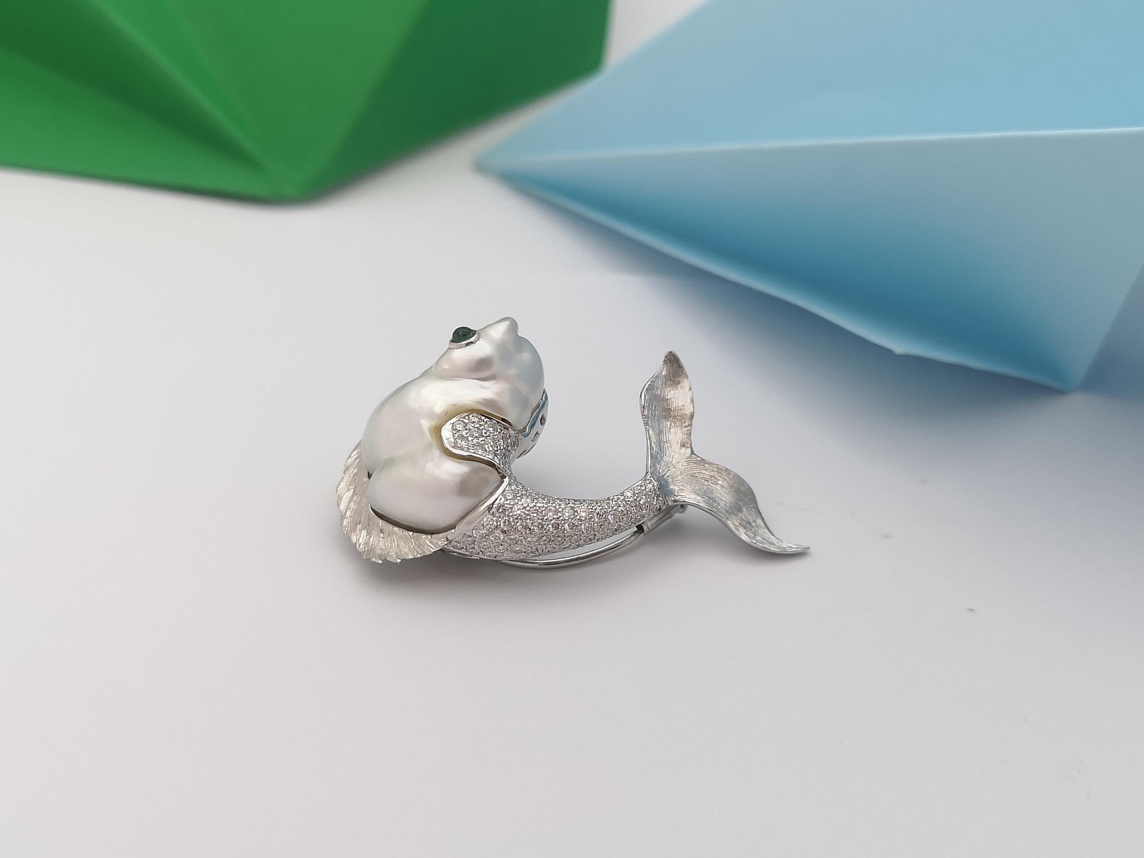Women's South Sea Pearl, Diamond and Emerald Fish Brooch Set in 18k White Gold Settings For Sale