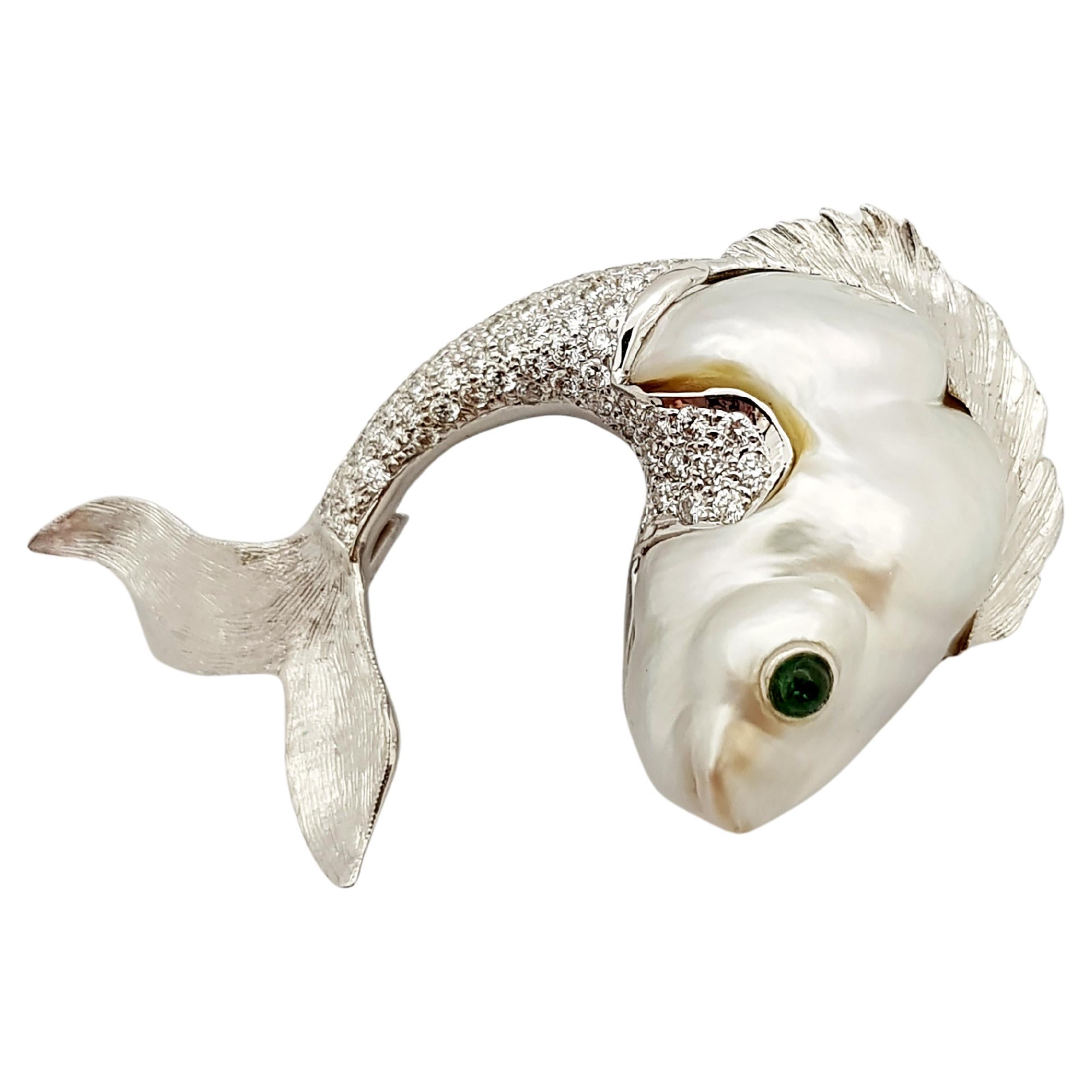 South Sea Pearl, Diamond and Emerald Fish Brooch Set in 18k White Gold Settings