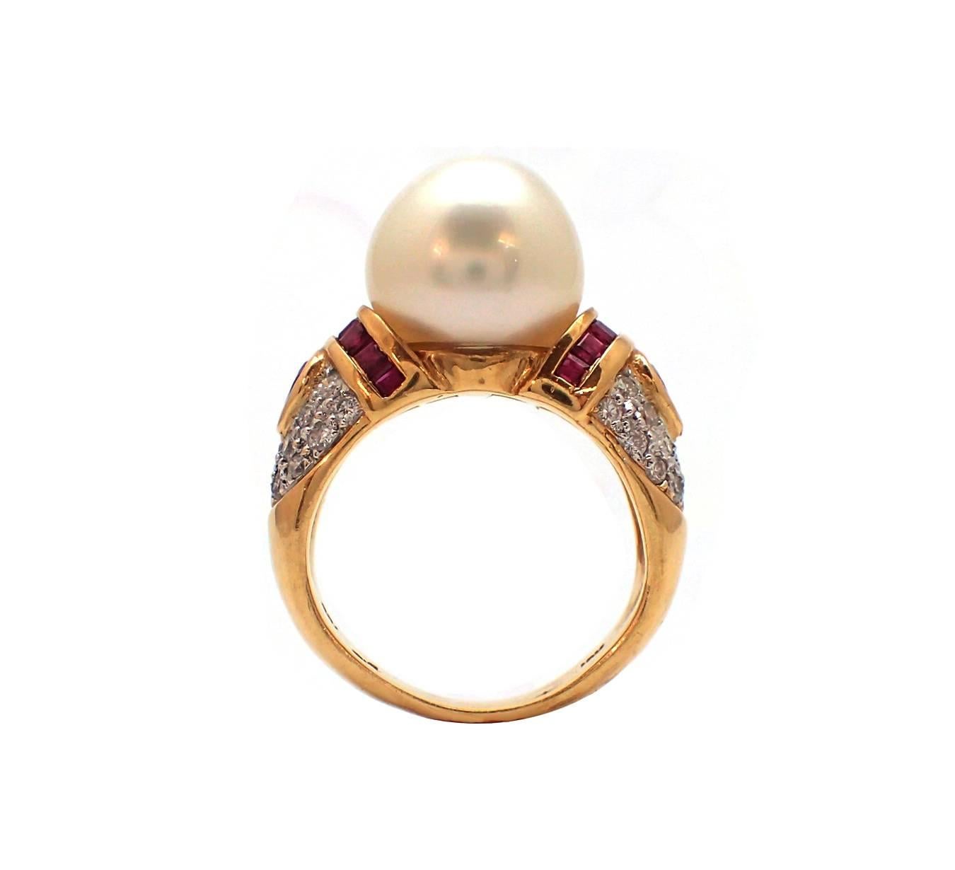Contemporary South Sea Pearl, Diamond and Ruby Ring in Yellow Gold