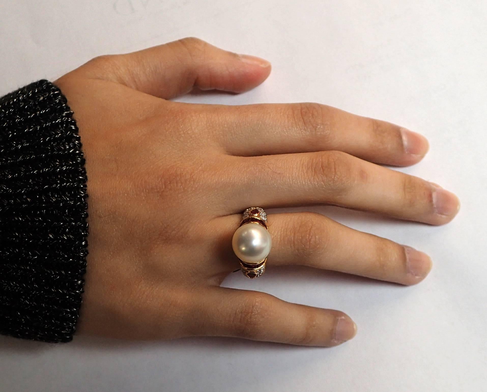 Women's South Sea Pearl, Diamond and Ruby Ring in Yellow Gold