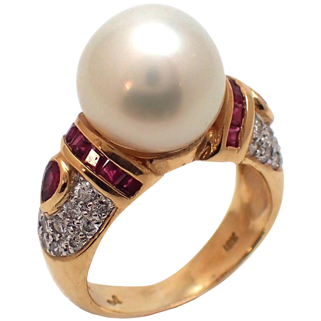 South Sea Pearl, Diamond and Ruby Ring in Yellow Gold