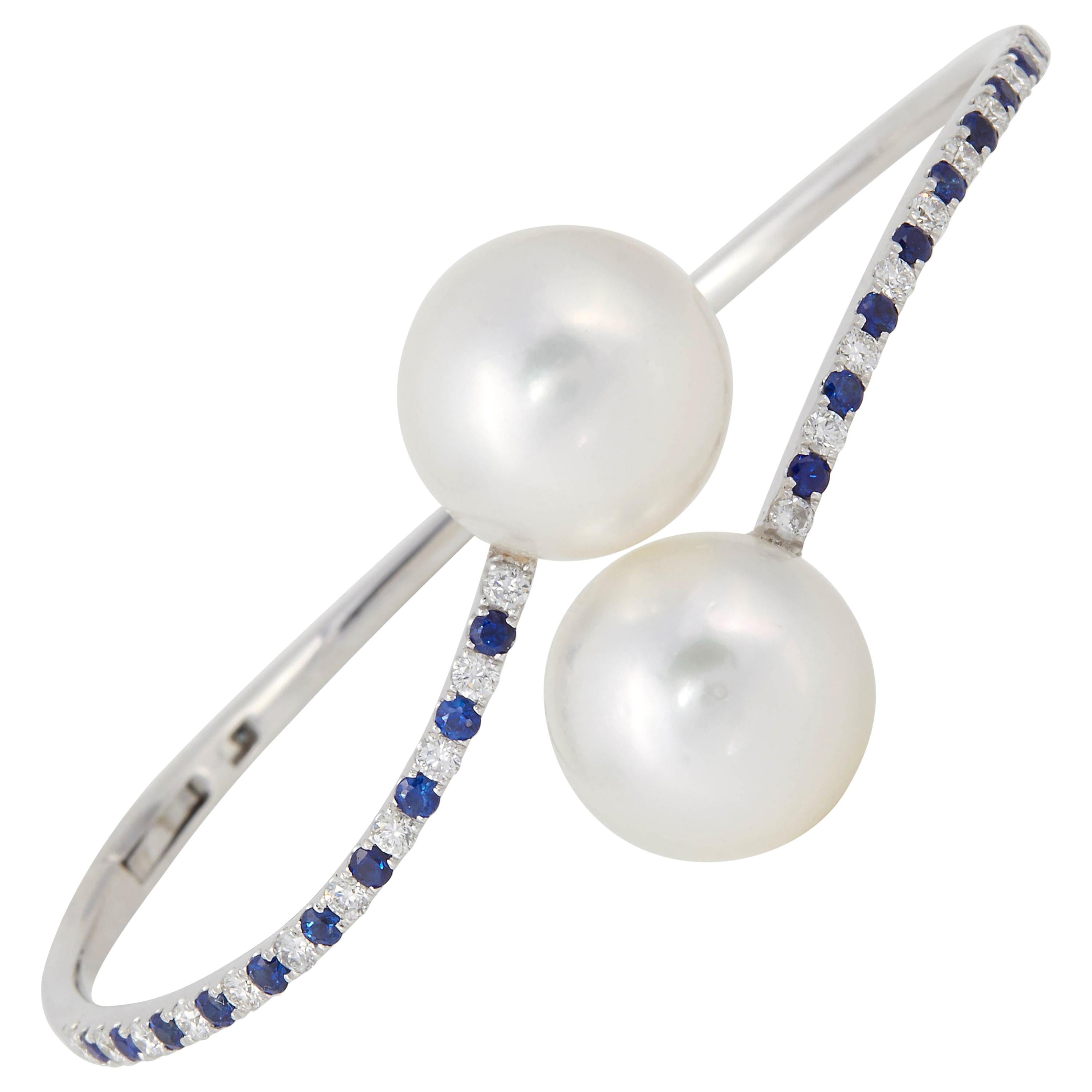South Sea Pearl Diamond and Sapphire Bypass Bangle Bracelet 1.10 Carat 18 Karat For Sale