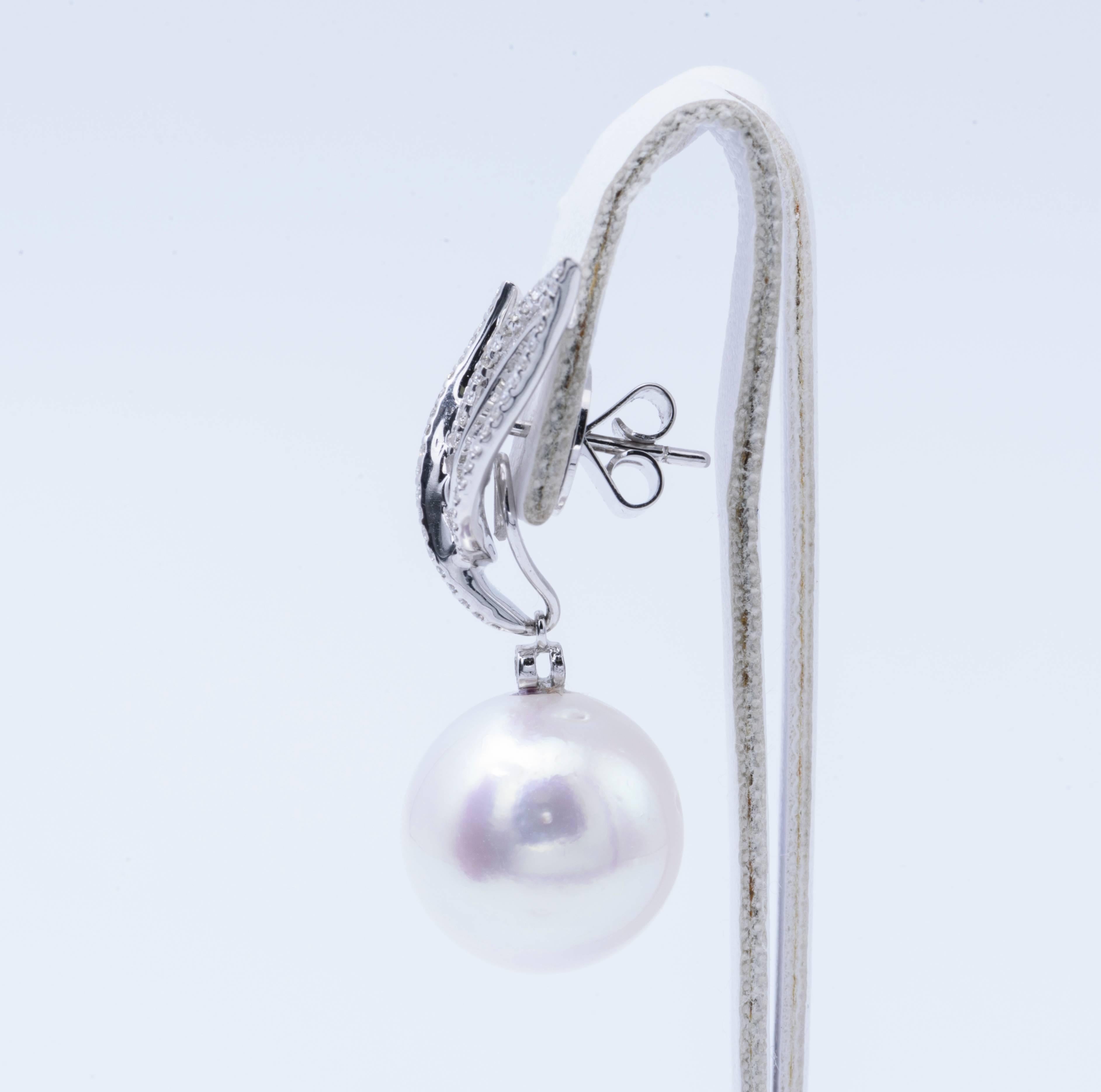 Contemporary South Sea Pearl Diamond Baguette Drop Earrings 1.60 Carats 14-15 MM 18KT Gold For Sale