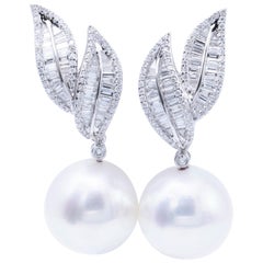 baguette pearl diamond earrings South Sea Pearl Diamond Baguette White Gold Dangle Drop Earrings