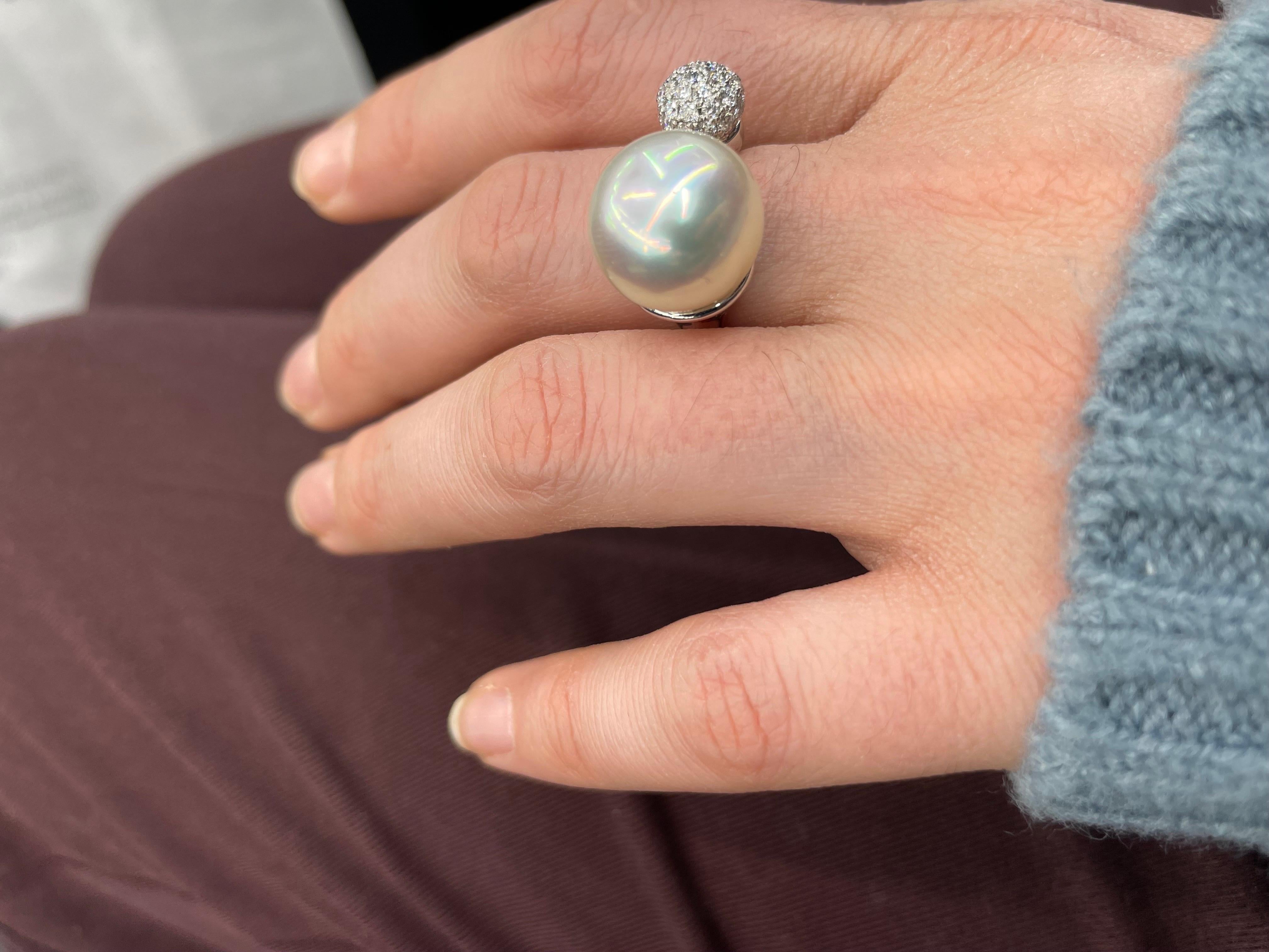 South Sea Pearl Diamond Ball Ring 0.78 Carats 18 Karat White Gold For Sale 7