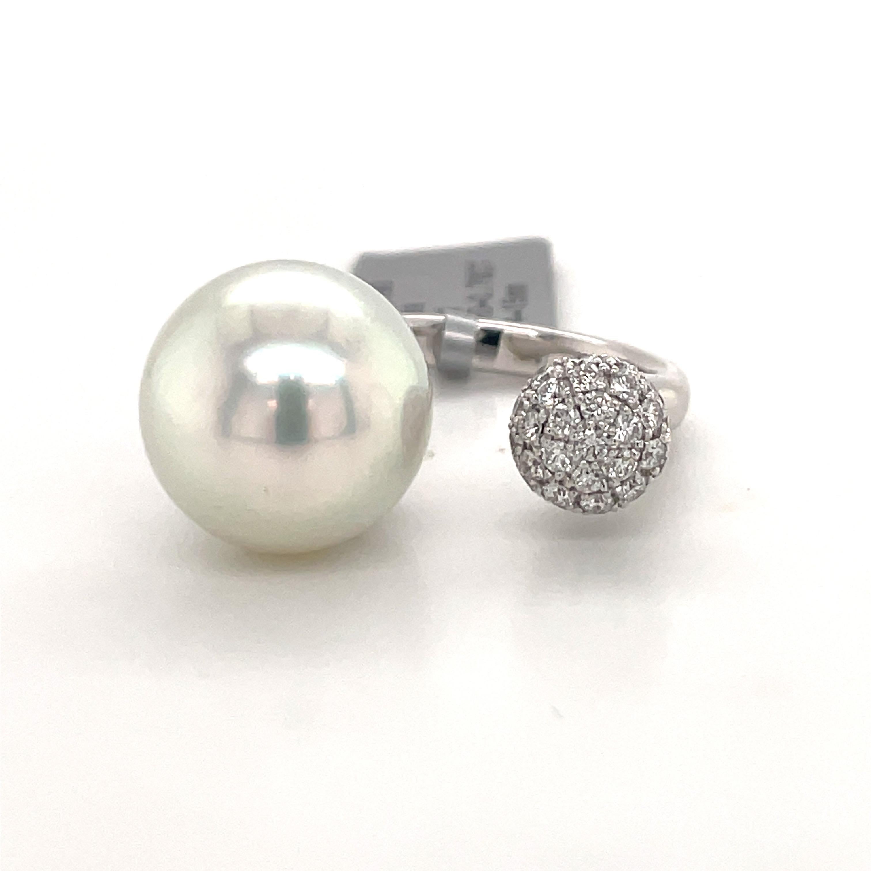 Contemporary South Sea Pearl Diamond Ball Ring 0.78 Carats 18 Karat White Gold For Sale