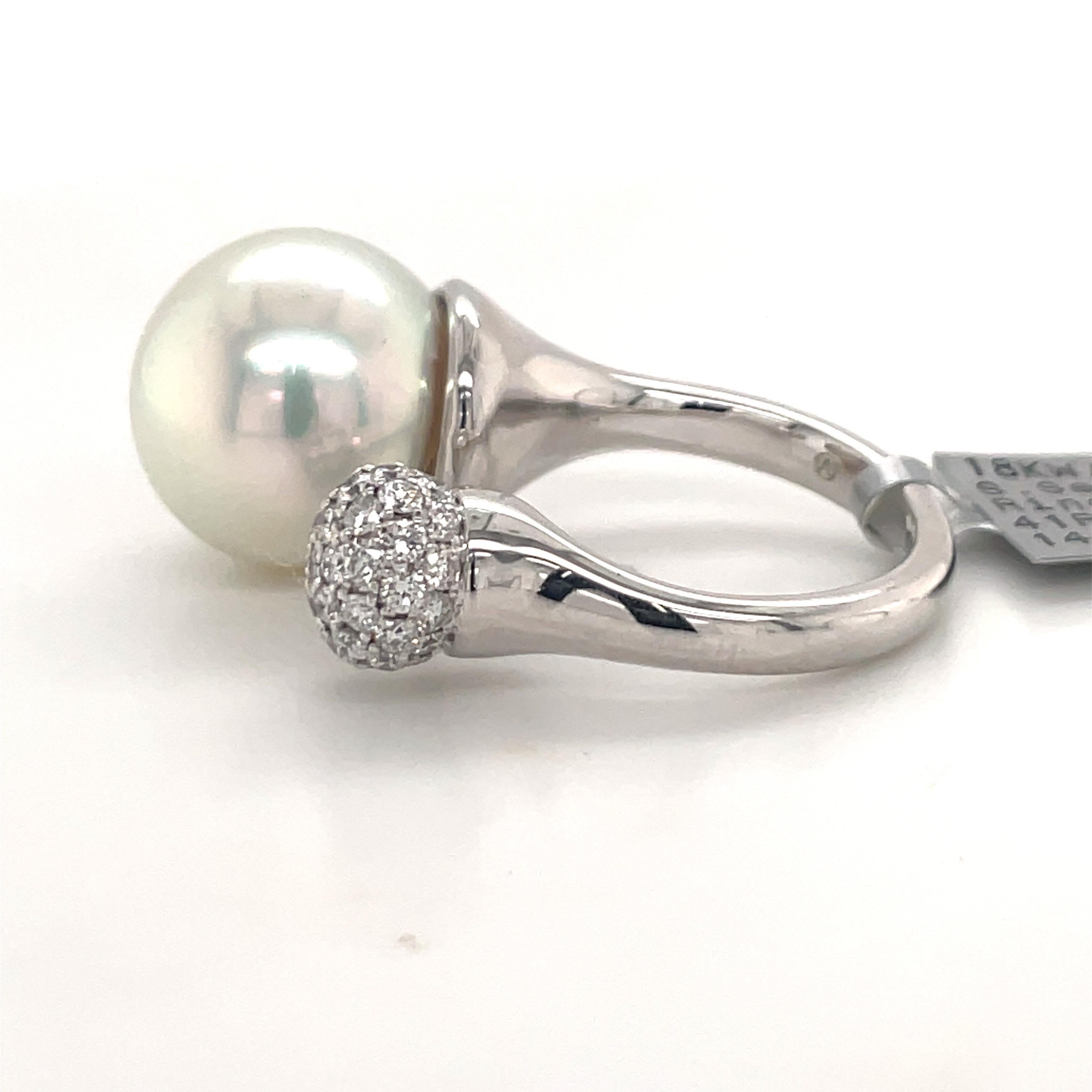 South Sea Pearl Diamond Ball Ring 0.78 Carats 18 Karat White Gold For Sale 3