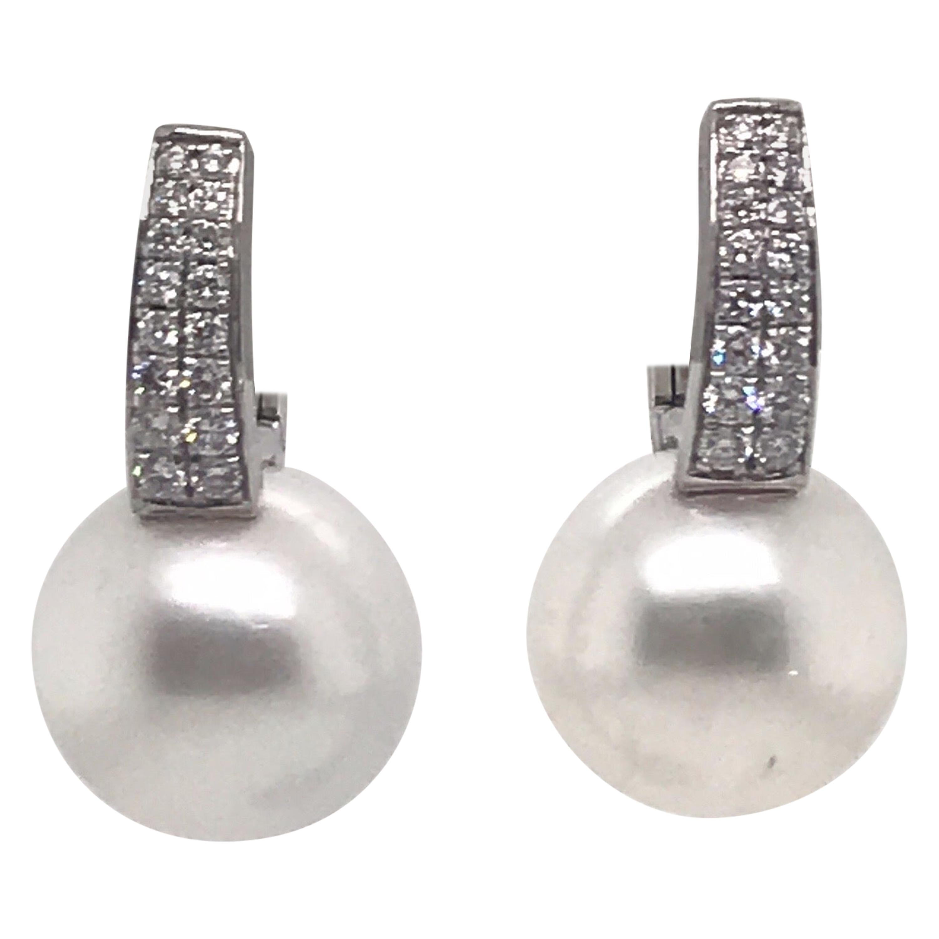 South Sea Pearl Diamond Bar Drop Earrings 0.40 Carat 18 Karat White Gold