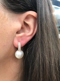 South Sea Pearl Diamond Bar Drop Earrings 0.40 Carat 18 Karat White Gold