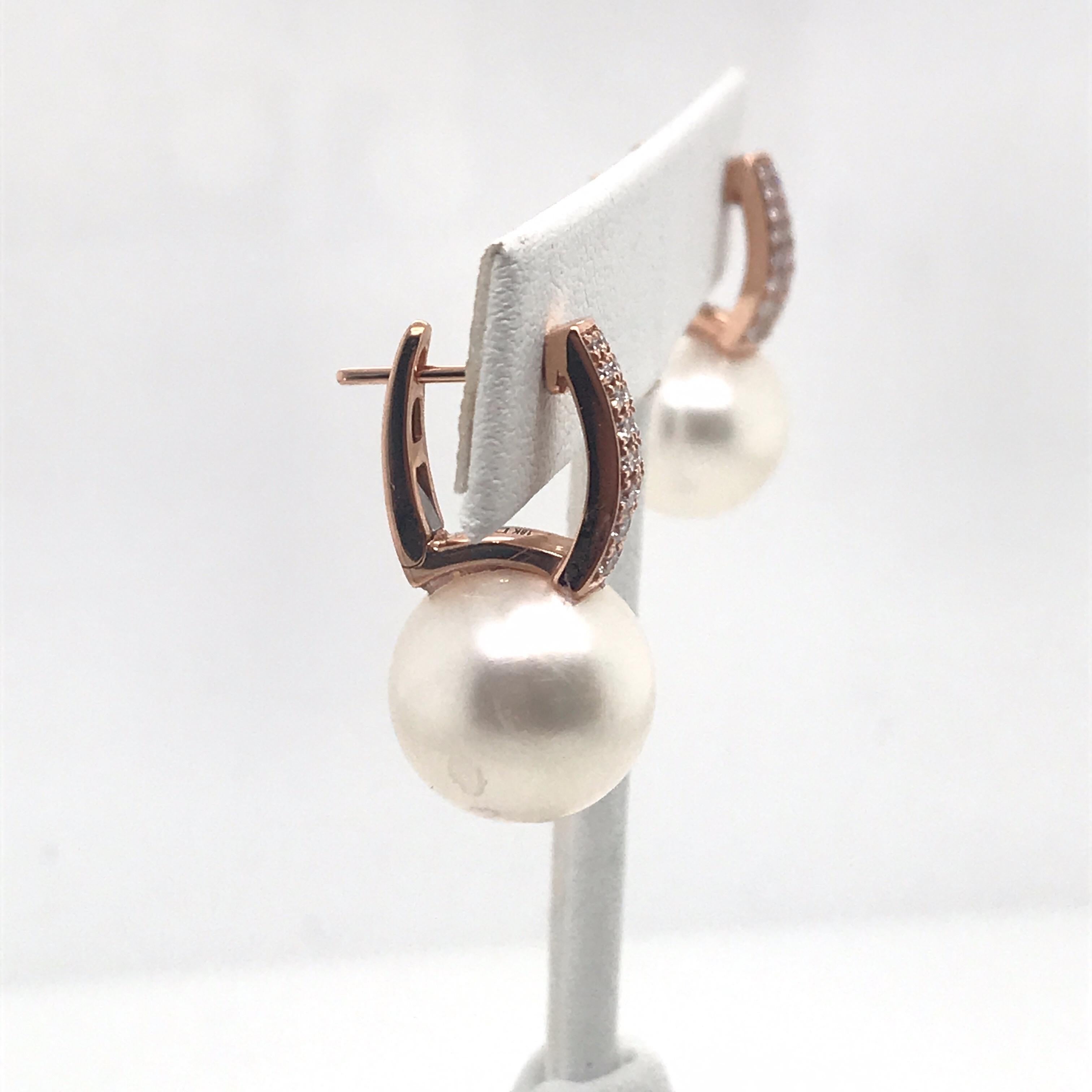 Contemporary South Sea Pearl Diamond Bar Drop Earrings 0.40 Carat 18 Karat White Gold For Sale
