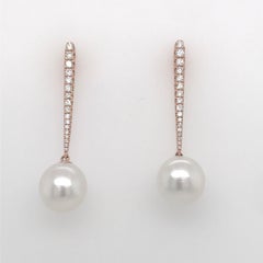 South Sea Pearl Diamond Bar Drop Earrings 0.43 Carat 18 Karat Rose Gold