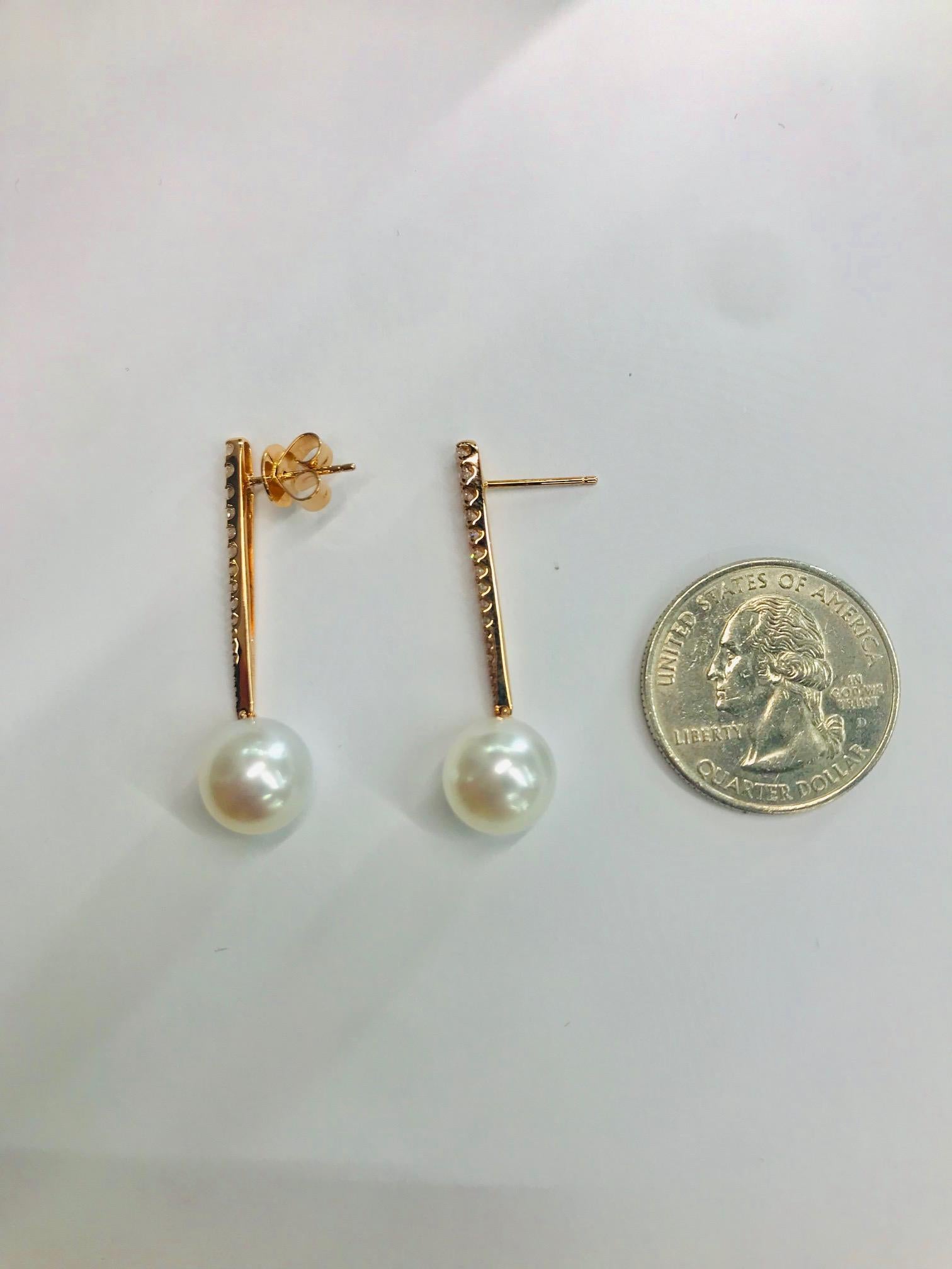 South Sea Pearl Diamond Bar Drop Earrings 0.43 Carat 18 Karat Rose Gold In New Condition For Sale In New York, NY