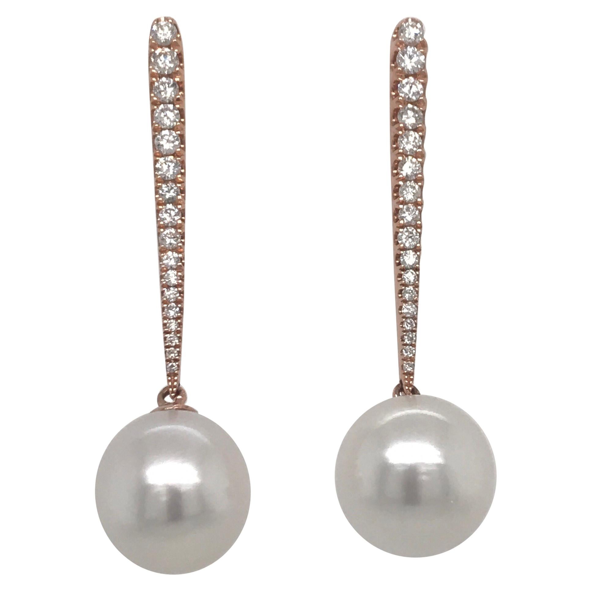 South Sea Pearl Diamond Bar Drop Earrings 0.43 Carat 18 Karat Rose Gold