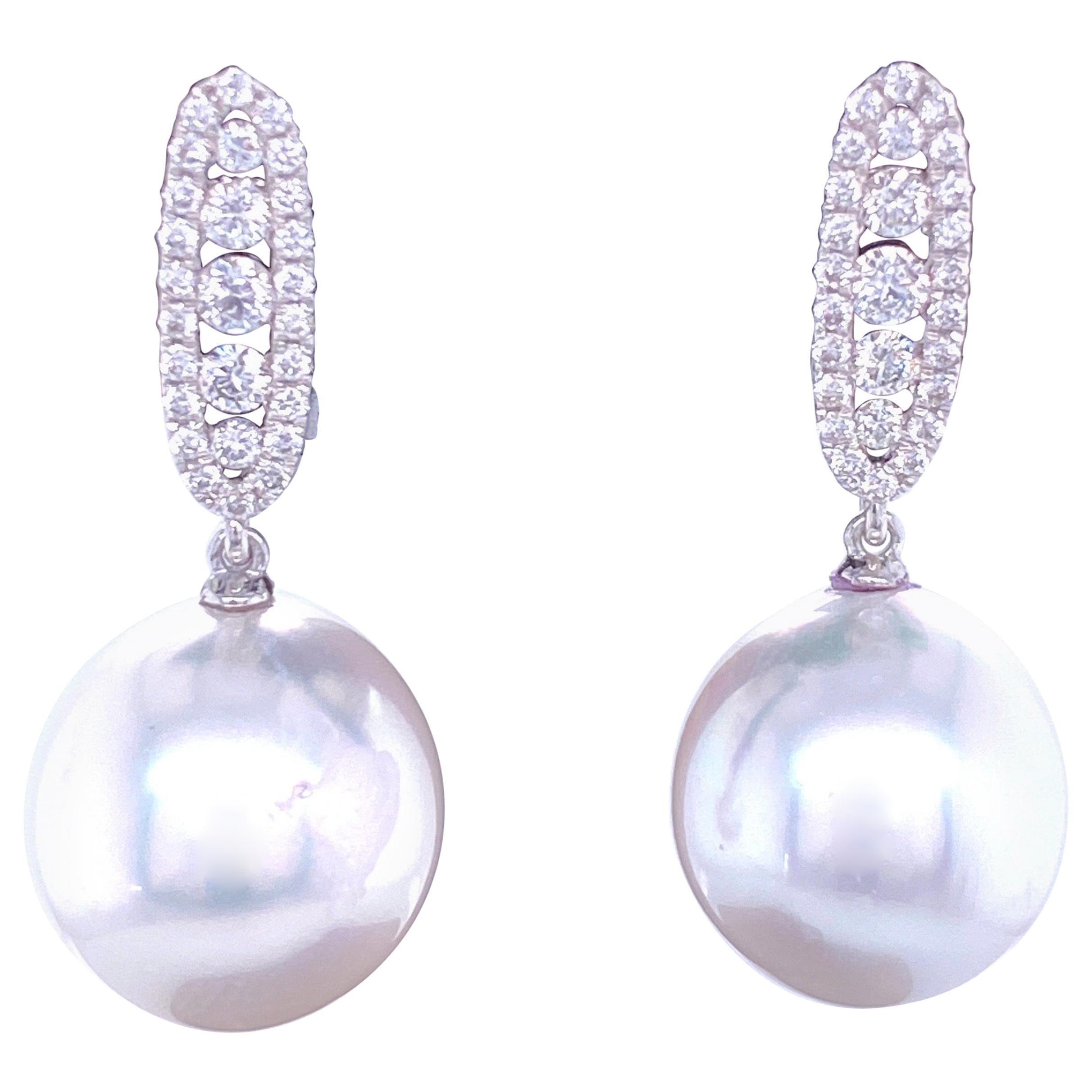 South Sea Pearl Diamond Bar Drop Earrings 0.45 Carat 18 Karat White Gold For Sale