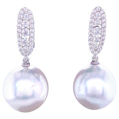 South Sea Pearl Diamond Bar Drop Earrings 0.45 Carat 18 Karat White Gold