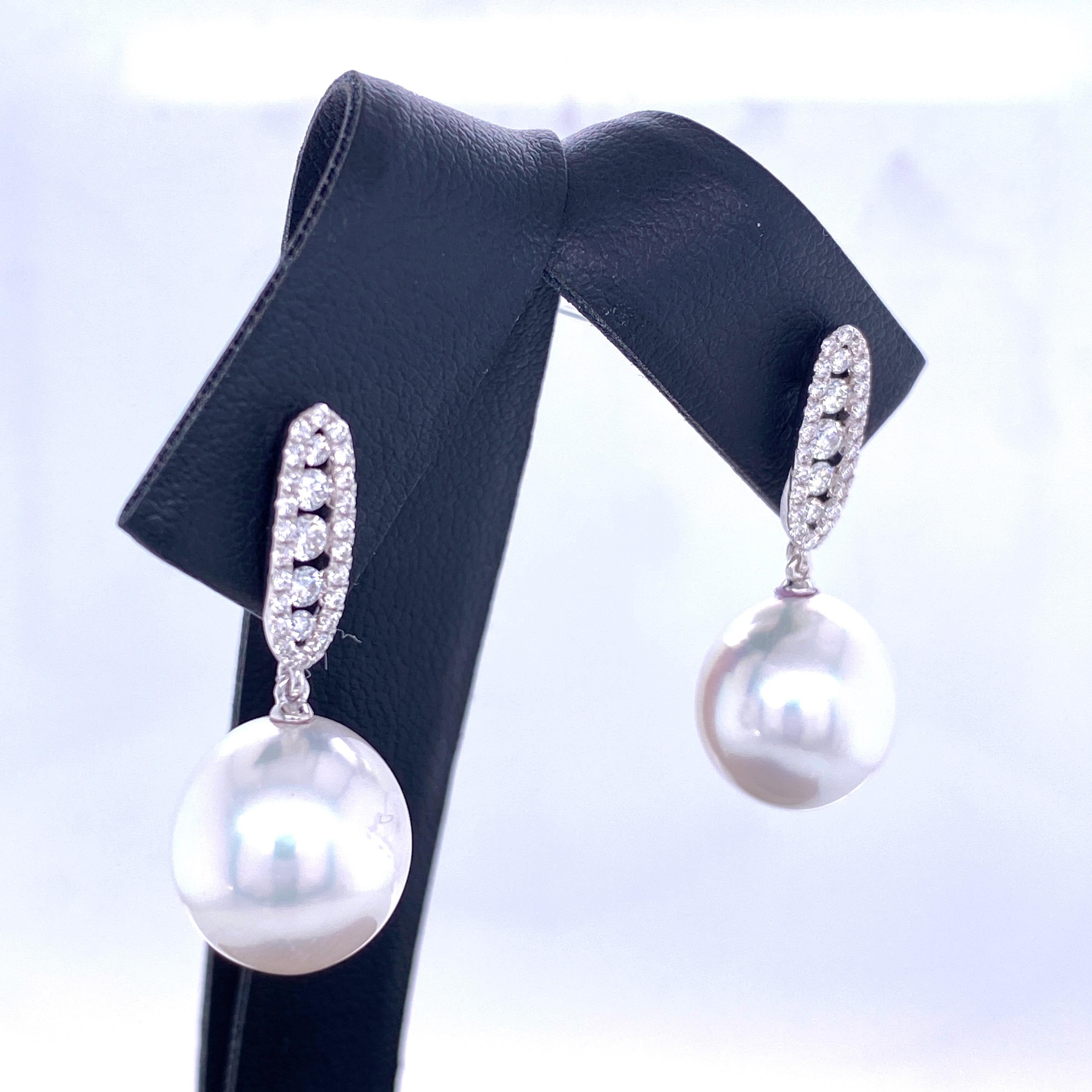 Contemporary South Sea Pearl Diamond Bar Drop Earrings 0.45 Carat 18 Karat White Gold For Sale