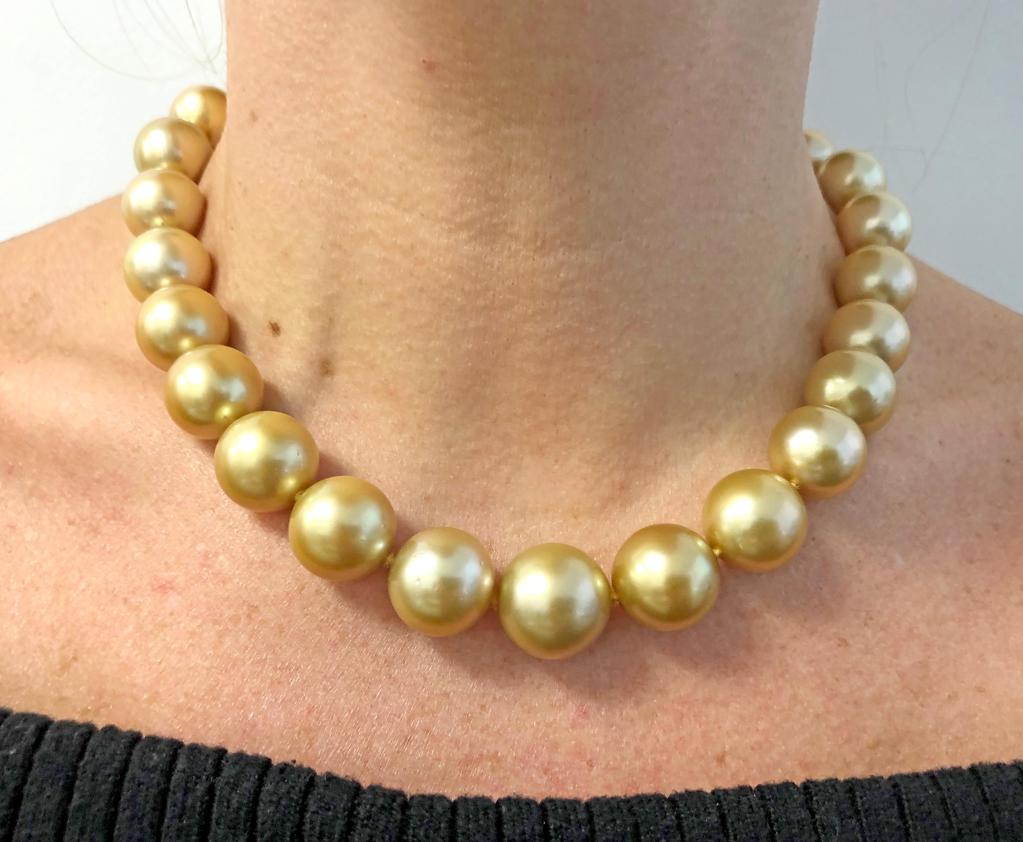 Round Cut South Sea Pearl Diamond Bead Yellow Gold Necklace